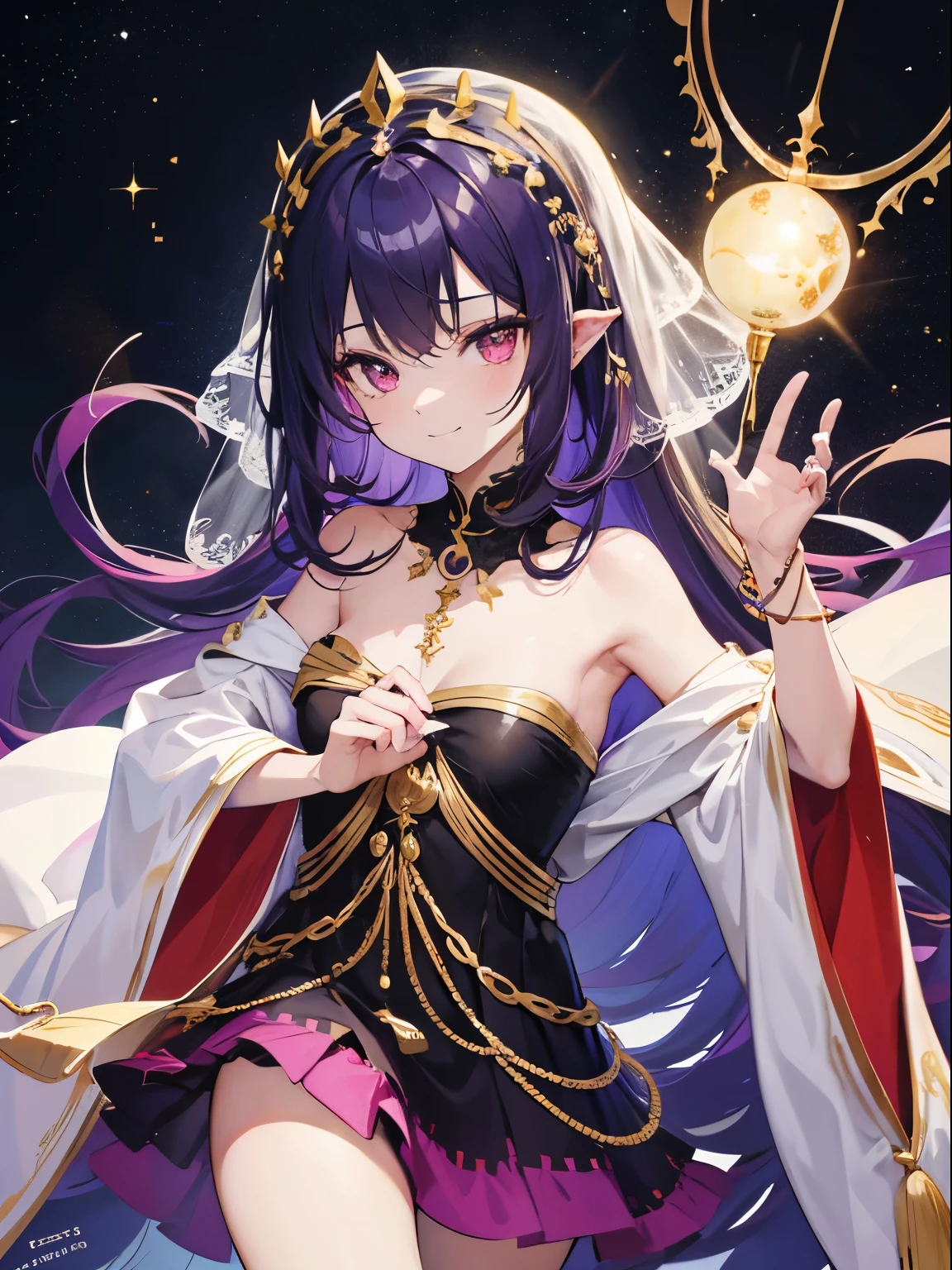 1 male, short height, deep purple hair, red eyes, doe eyes, smiling at camera, have an alien ear, wear deep purple colour prophet dress, wear a deep purple veil with gold motif, wear black gloves with gold motif, use a gold bindi infront of his hair, use alot of golden ring, use gold necklaces