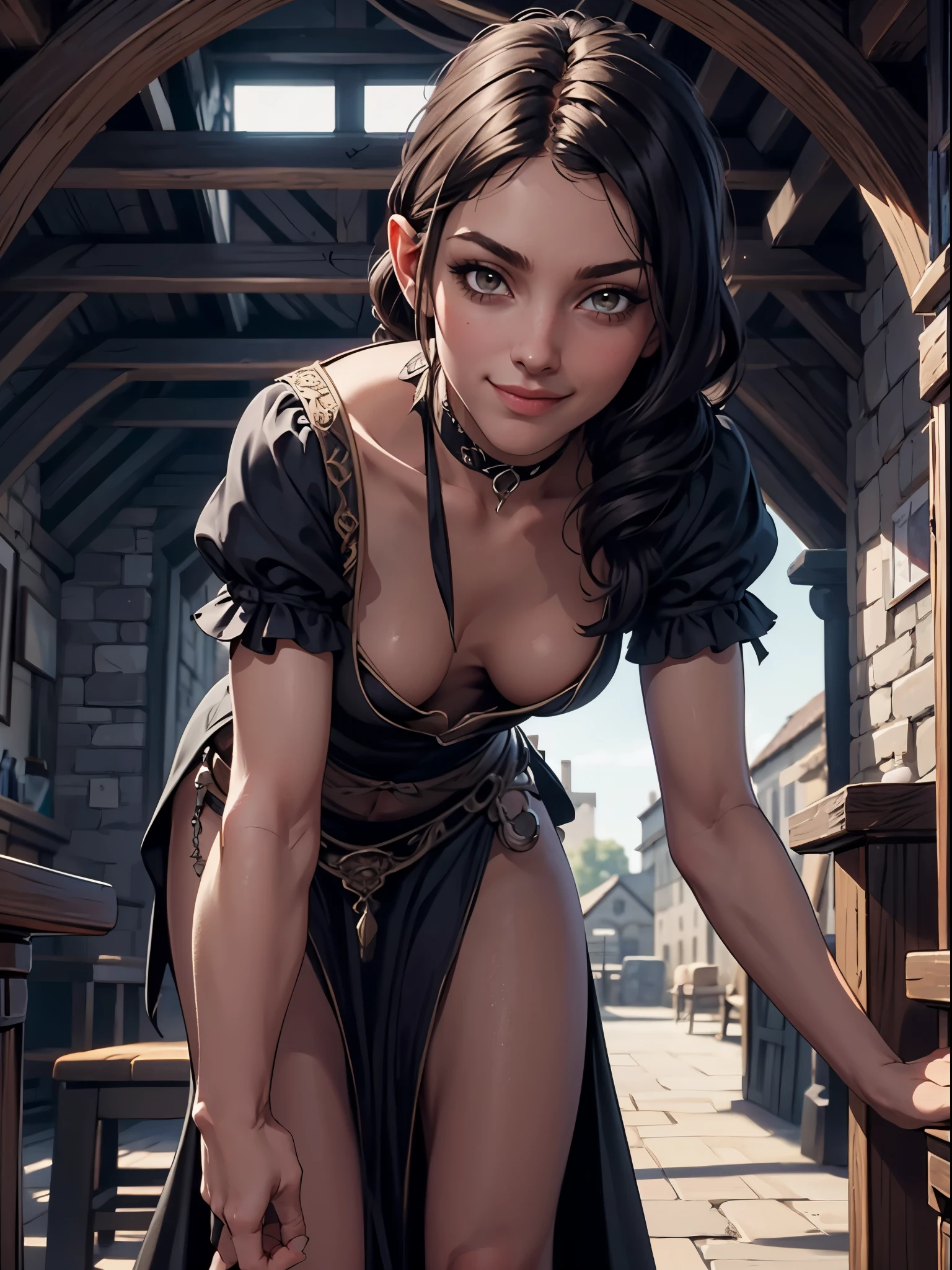 1woman, leaning forward, winking, , smiling, looking at viewer, centered, choker , dark hair, , hazel eyes, downblouse, loose medieval gown, Shadowheart from Baldur's Gate 3, medium breasts, masterpiece, intricate, realistic, cute face, sharp focus, award winning photograph, medieval tavern in background