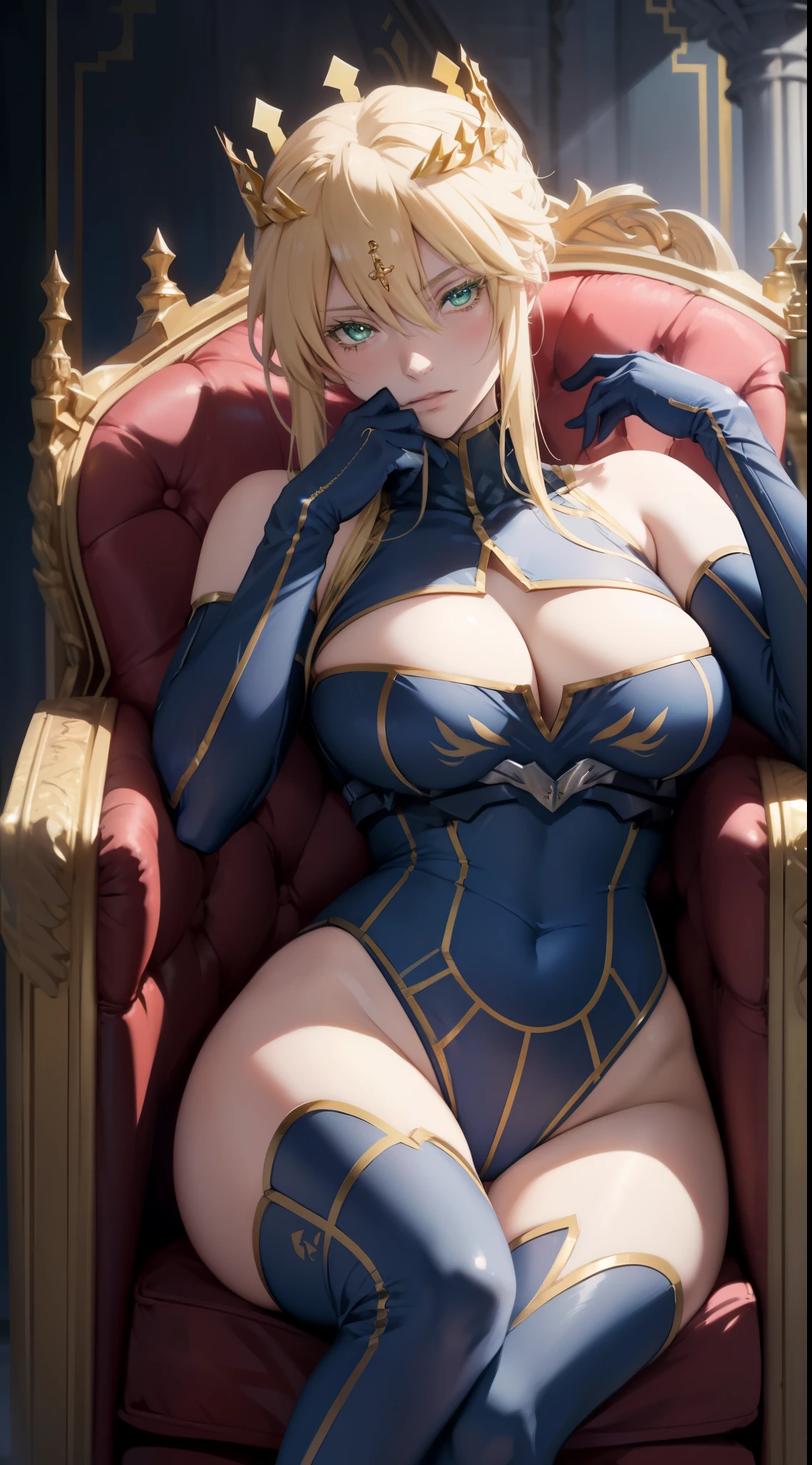 Lancer Artoria, elegant female, blonde, green eyes, (eyelashes of yellow), crown, turtleneck, cleavage cutout, sleeveless, blue leotard, elbow gloves, gauntlets, blue thigh, sit on throne, throne room, close-up face, high resolution, extremely detail 8k cg.