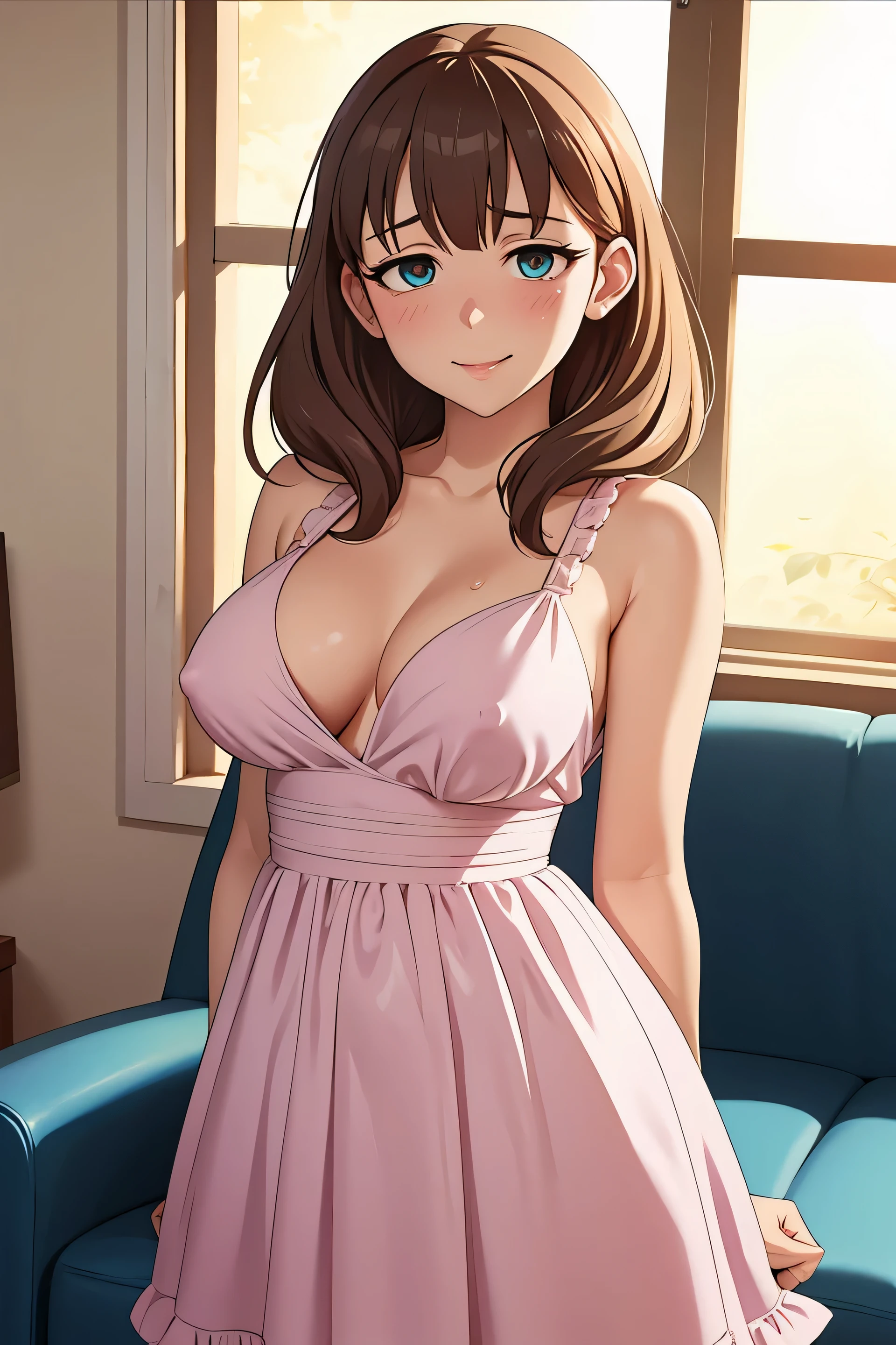 1girl in, ((masutepiece)),((Best Quality)),Ultra-detailed,illustratio,explicit,Beautiful body,Beautiful nose,Beautiful character design,Perfect eyes,Perfect face,Wallpaper,超A high resolution, 4K,Photography,((Beautiful, big breat)),(Beautiful face:1.2),Beautiful legs, Mayu Sakuma, Shiny skin,anime screen cap,official style, 1girl in, Solo, arrogant smile, Sunnyday,Daytime, Looking at Viewer, POV, Detailed eyes, Complex hairstyle、drooing eyes、(pink princess dress), wide eyed, Crazy smile, Empty eyes, POV cowgirl, Sweat, flying sweatdrops, (Cross your arms behind your back), I'm looking at you, pov, (20 years old), in a living room, natural breast, , mature woman, nudity, exposing herself, (erotic posture), ((exposed nipples)), (revealing)