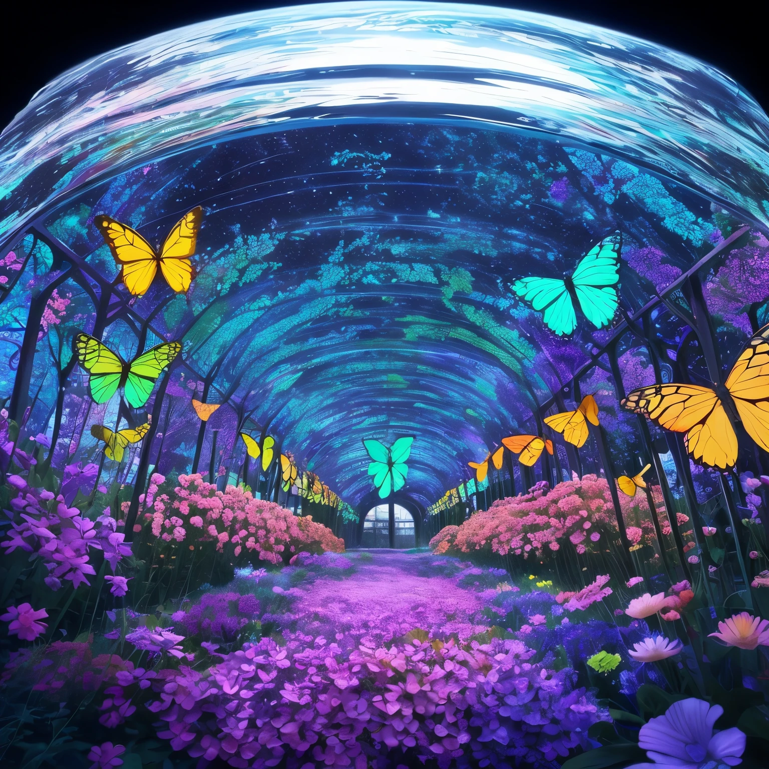 vibrant butterflies emerging from a dark background, representing freedom and transformation, Use colors that transition from darker, more muted tones to brighter and more vivid hues to convey a sense of progression and hope, Depict nature reclaiming the space, with psychedelic flora and fauna thriving amidst the remnants of the camp, Integrate symbols of remembrance, like psychedelic candles or flowers, the scenery is inspired from Hitachi Seaside Park, Japan. Experiment with reflections in water or mirrors to create a sense of depth and infinite space. super cinematic 4k hdr, Explore abstract interpretations of the landscape by exaggerating shapes and forms. Consider using geometric patterns and surreal distortions to convey a psychedelic feel, Introduce psychedelic fantasy creatures among the flowers, such as iridescent butterflies, fluorescent birds, or whimsical insects. Create a sense of magic and wonder by incorporating fantastical elements into the scene.