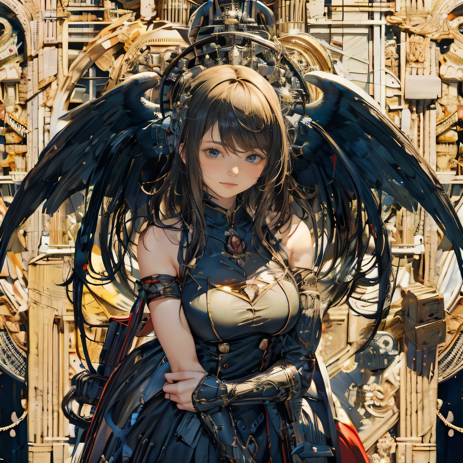 looking away, aerial angle, (mechanical, complex body), ((huge god's weapon has female face's outline embedded)), drooping eyes, blush, sleepy,