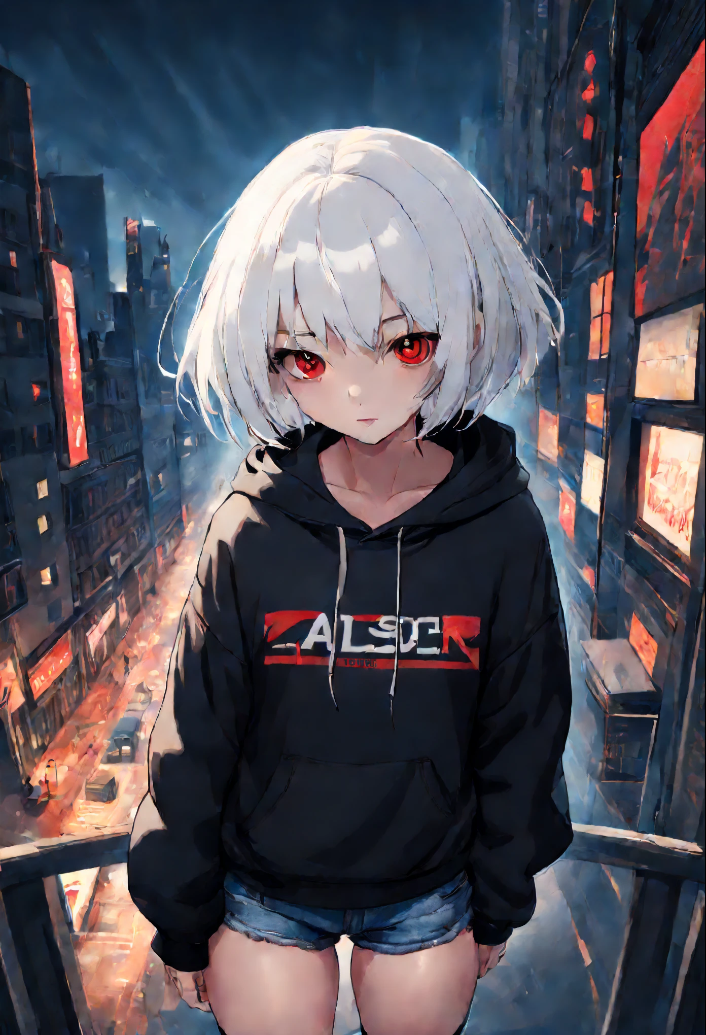 1girl, short white hair,red eyes,wearing black hoodie,denim shorts,city,absurder, high res, ultrasharp 8k, masterpiece, looking at the viewer