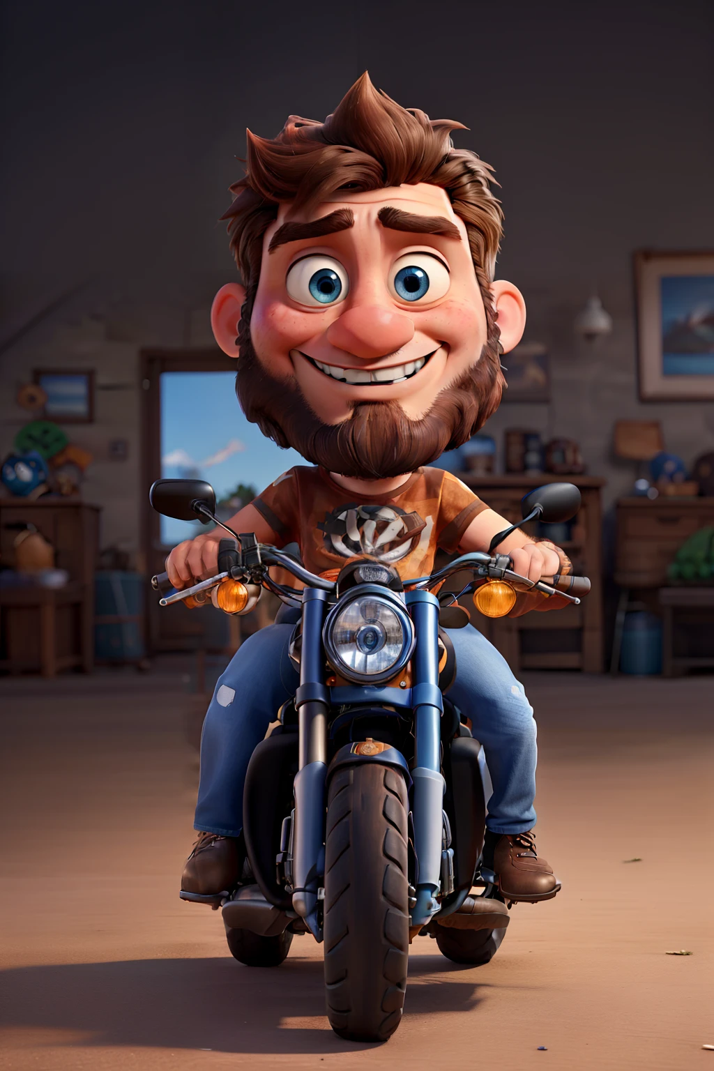 pixar style man , detailed Blue eyes, long brown hair, brown beard, black pants, wearing a Metallica tshirt, front of a harley davidson bike, ultra detailed face