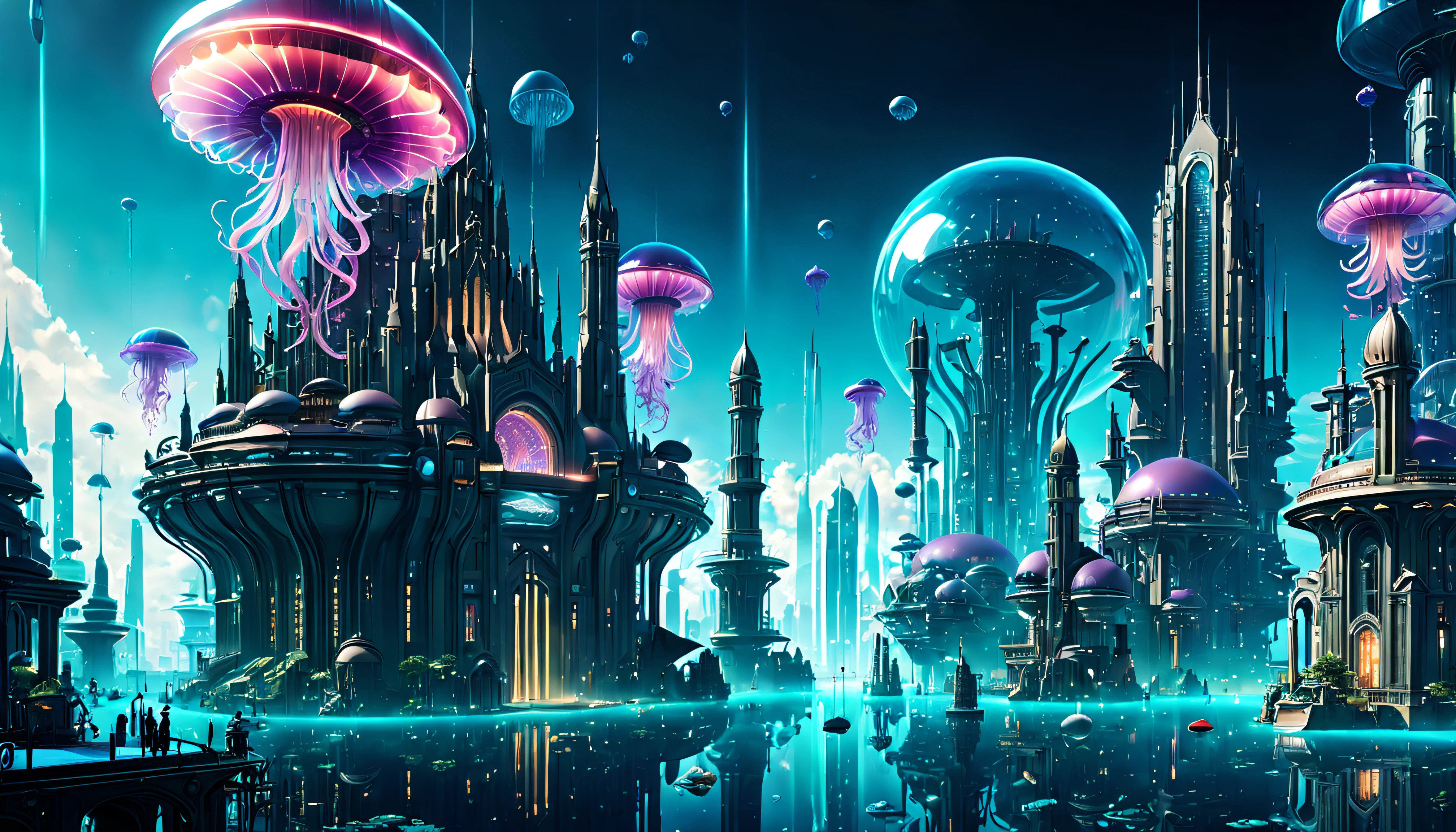 futuristic city with a city of glass domes floating in an aquarium, with jellyfish floating over water,in the style of dark matter art, futuristic contraptions, in the style of ethereal dreamscapes, luminous spheres, 32k uhd,  fairy tale, transcendentalist themes, imax, seapunk, in the style of sci fi inspired futurism, dazzling cityscapes, in the style of intricate underwater worlds, futuristic victorian, futuristic underwater metropolis, in fantasy sci - fi city, sci-fi fantasy wallpaper, futuristic utopian fantasy, futuristic palace, huge futuristic temple city, solarpunk futuristic utopia, science fiction city, futuristic setting, futuristic utopian metropolis, sci fi city, 3 d render beeple,(best quality at best,4K,8K,a high resolution,tmasterpiece:1.2),ultra-detailed,(actual,realistically,realistically:1.37),