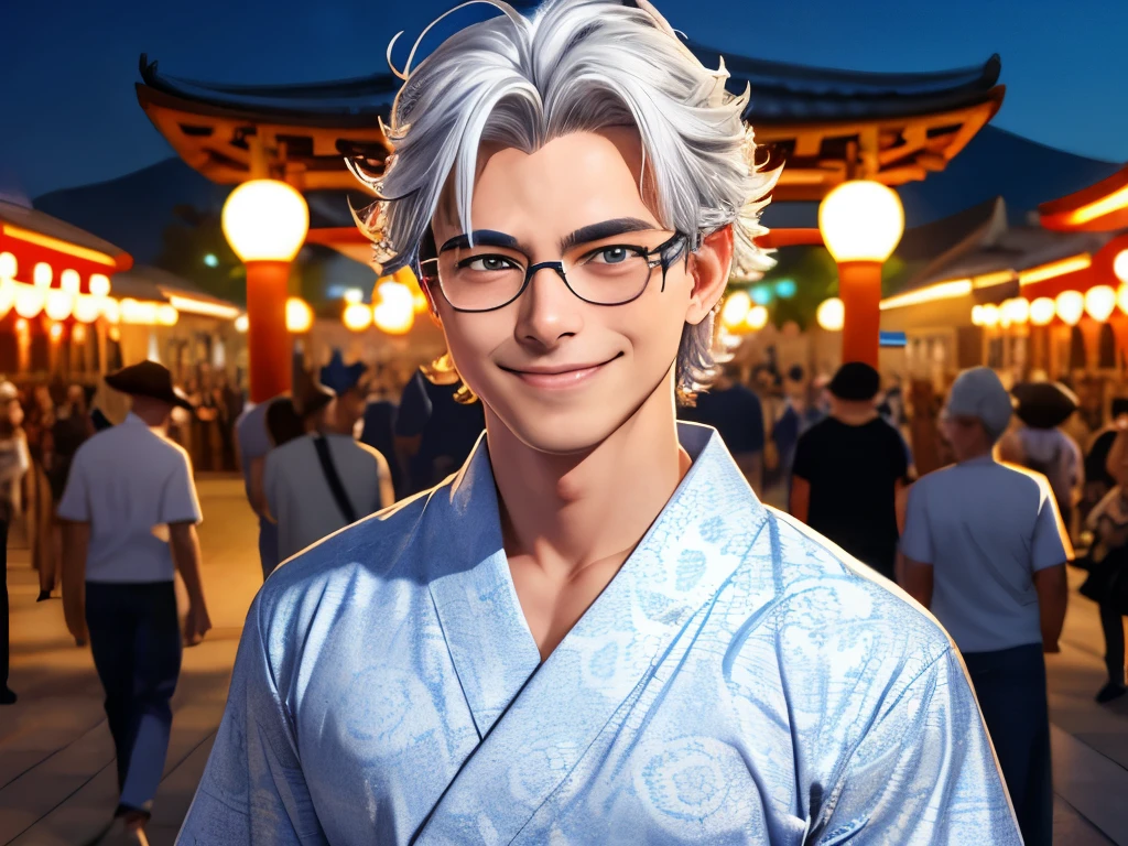 (top-quality:1.1), (​masterpiece:1.1), (Cowboy Shot:1.2), (Combed hair:1.2), (macho:1.2), Silver hair, Borderless glasses, sharp eye, Summer festival venue at night, (japanes:1.1), 18year old, Yukata, a smile