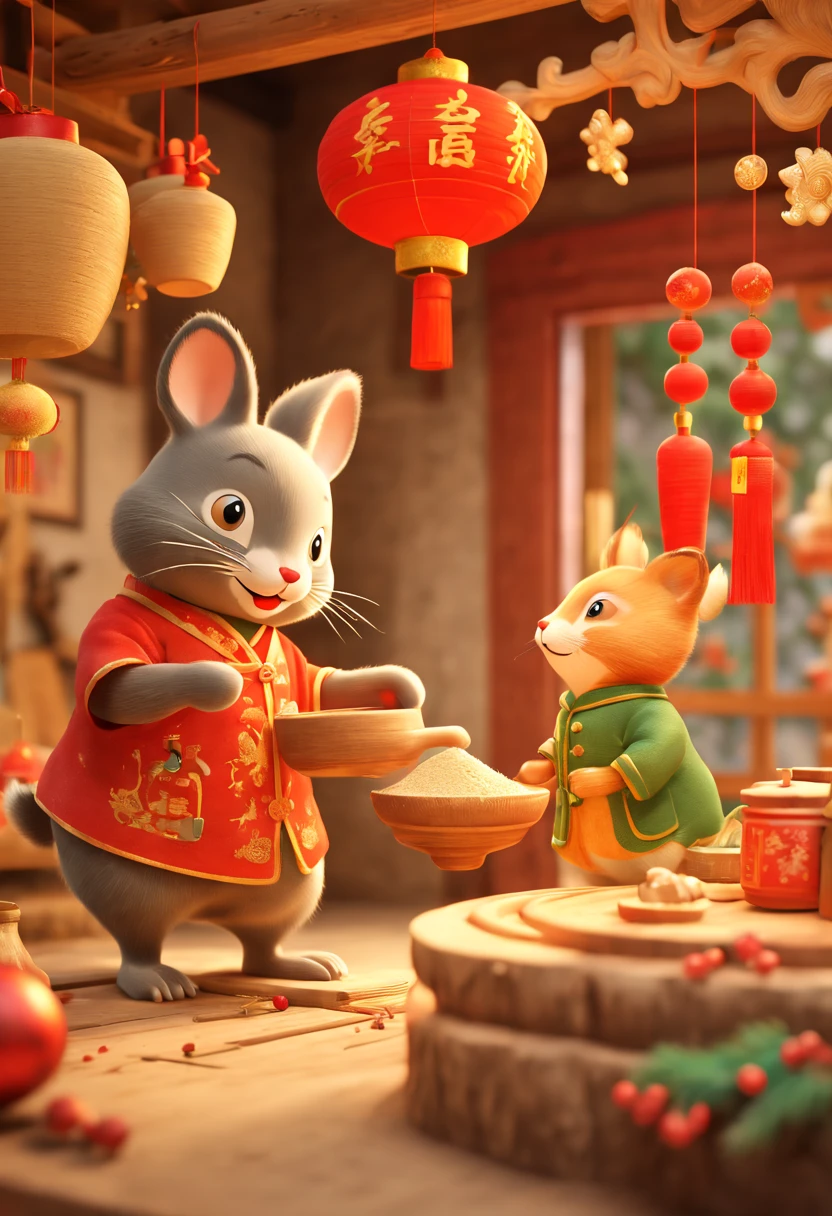 by Richard Scarry, Grinding flour, rural, primitive craftsmanship, Chinese, Christmas Decorations, octane render, enhance, intricate, (masterpiece, Representative work, official art, Professional, unity 8k wallpaper:1.3)