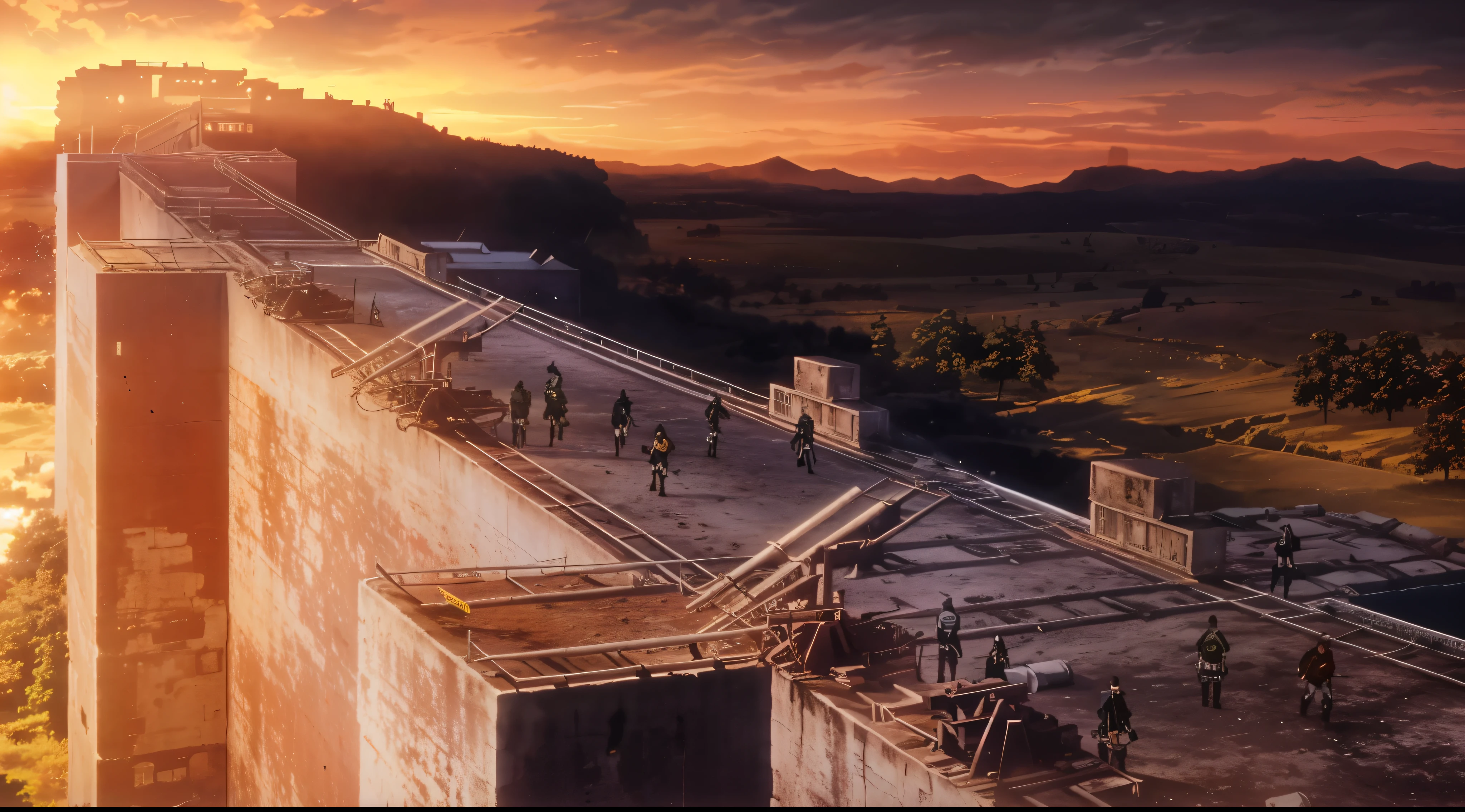 attack on titan scenery, sunset over high walls, ruins in the background, a little bit of trees, small village destroyed, attack on titan anime, AOT theme, walls.