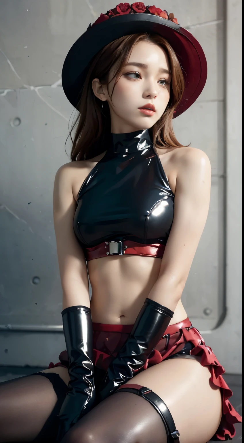of the highest quality, High Definition, 16 K, Detailed background, (from below:1.2)
slender beautiful high school girl sitting in the red station, Open her legs, (Plump breast:1.2), brown bob hair, beautiful brown eyes , blushed face, Looking at the viewer, BREAK (Royal:1.4), (red and black theme:1.5), ((red) bucket hat with rose corsage:1.4), (fusion of black high neck crop top and latex (red bustier):1.8), ((floral lace, see-through):1.3), ((sleeveless, bare shoulders):1.3), (red tiered skirt with black ruffles:1.6), ((ultra long gloves) with floral lace:1.3), (wrap a (cat garter) around thighs:1.4), ((red:2.0) platform HIGH boots:1.1),