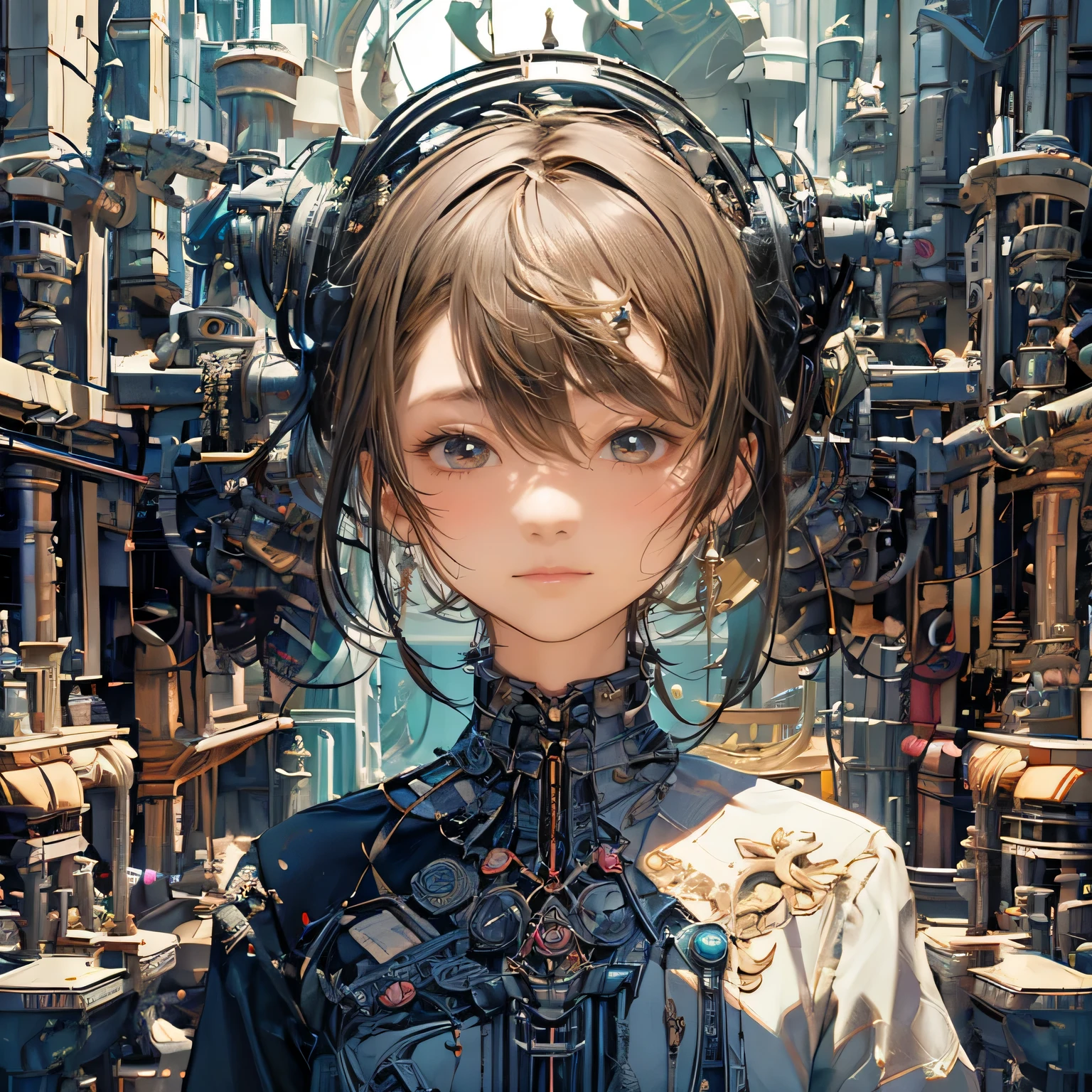 looking away, aerial angle, (mechanical, complex body), ((huge god's weapon has female face's outline embedded)), drooping eyes, blush, sleepy,