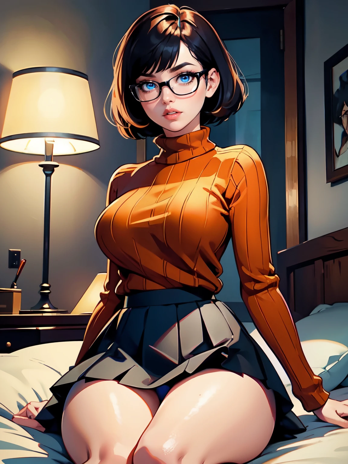 HD, 8k quality, masterpiece, Velma, dream girl huge tits, beautiful face, kissing lips, short bob hairstyle, long bangs, perfect makeup, realistic face, detailed eyes, blue eyes, brunette hair, eyelashes, slightly open mouth, bedroom, sitting on bed, showing cameltoe, eyes at viewer, orange knitted turtle neck sweater, clear lens glasses, red school girl skirt,