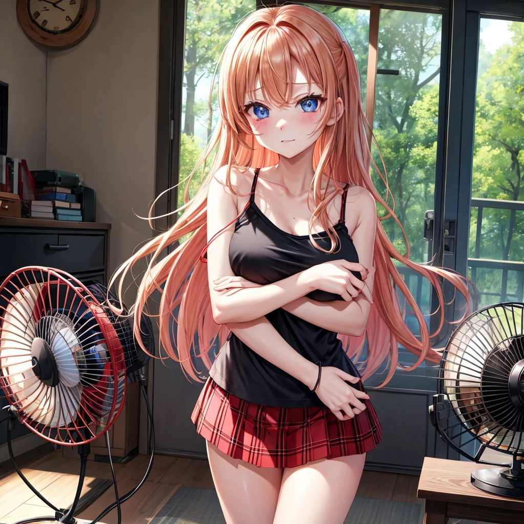 red blonde、blue eyess、one good looking girl、独奏、animesque、Plaid miniskirt、Black T-shirt、camisole、the woods、Sunlight、inside in room、Gah、Frolicking、electric fan、Hugging、ah、being sloppy