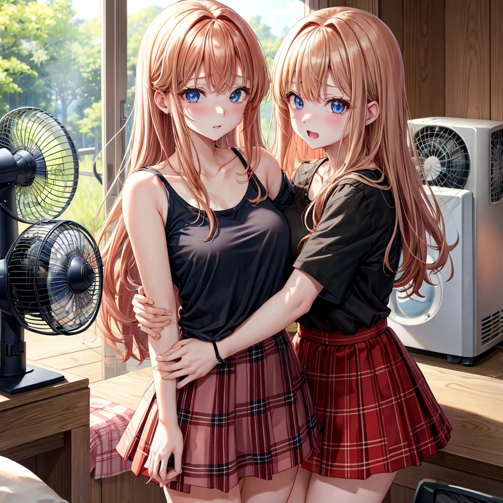 red blonde、blue eyess、one good looking girl、独奏、animesque、Plaid miniskirt、Black T-shirt、camisole、the woods、Sunlight、inside in room、Gah、Frolicking、electric fan、Hugging、ah、being sloppy