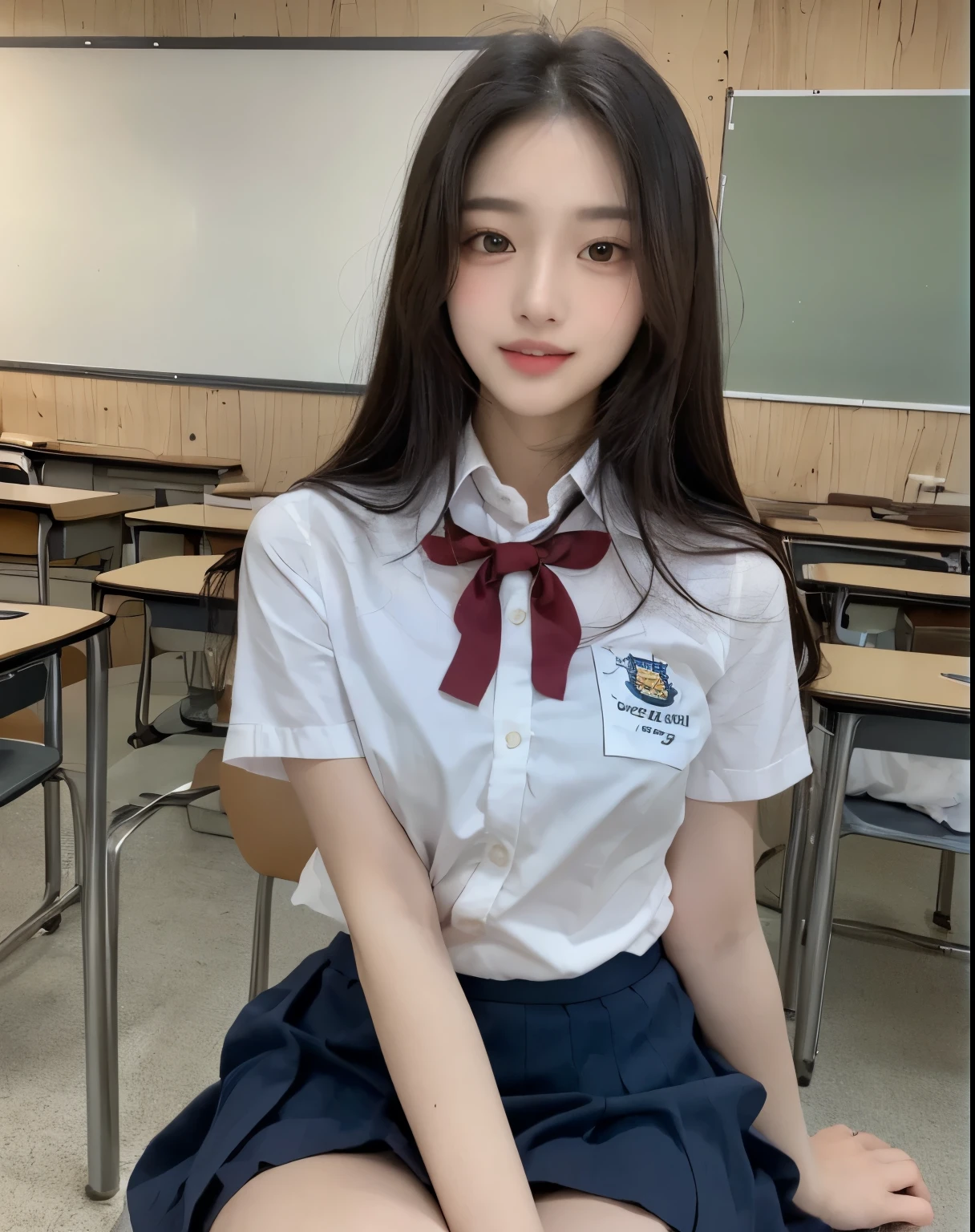 (Masterpiece, best resolution: 1.2), (brown eyes), seduction, smile, long hair, small breast, high-definition facial features, 8K, double eyelids, delicate facial feature, natural body, ((((wearing school uniform and skirt))), (((classroom))), (sitting on chair), full body