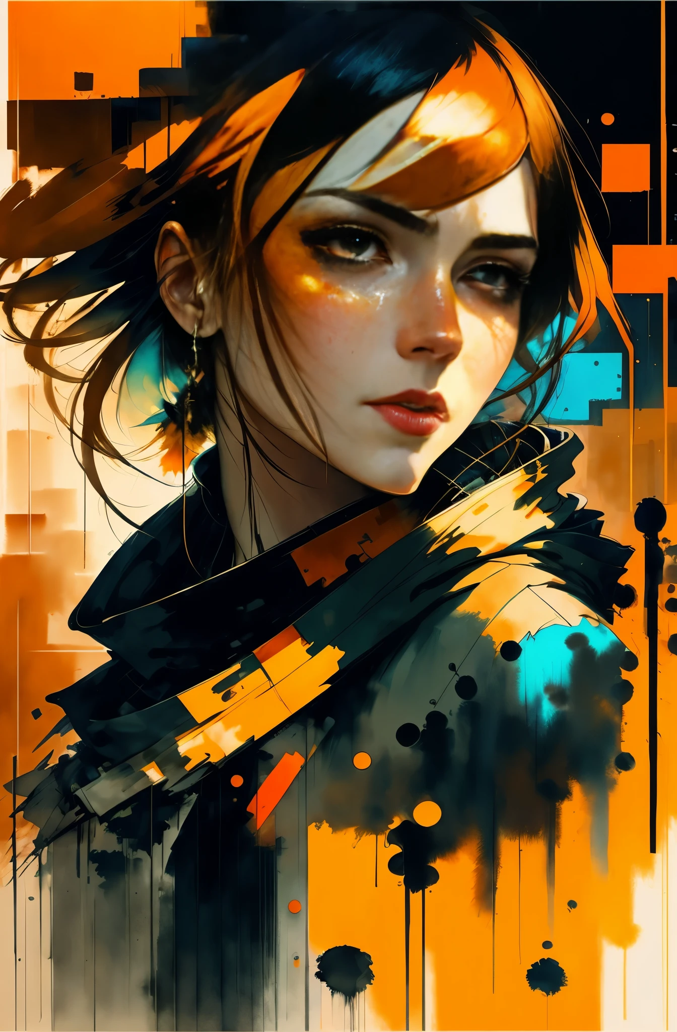 orange tone, painting of a woman, with influence of Jeremy Mann, Jeremy Mann, style of Jeremy Mann, Jeremy Mann painting, Jeremy Mann art, Ron Hicks, Liepke, Jeremy Mann and alphonse mucha, Inspired by Edmund Blampid, Robert Lenkiewicz, Casey Bo and James Jean, Inspired by Willem Kalf, Nick Alm, Tumbler, figurative art, Intense watercolor painting, watercolor detailed art,expressive beautiful painting, a beautiful artwork illustration, very colorful tones, Fantastical, Cool Beauty, Best Quality, Face close-up