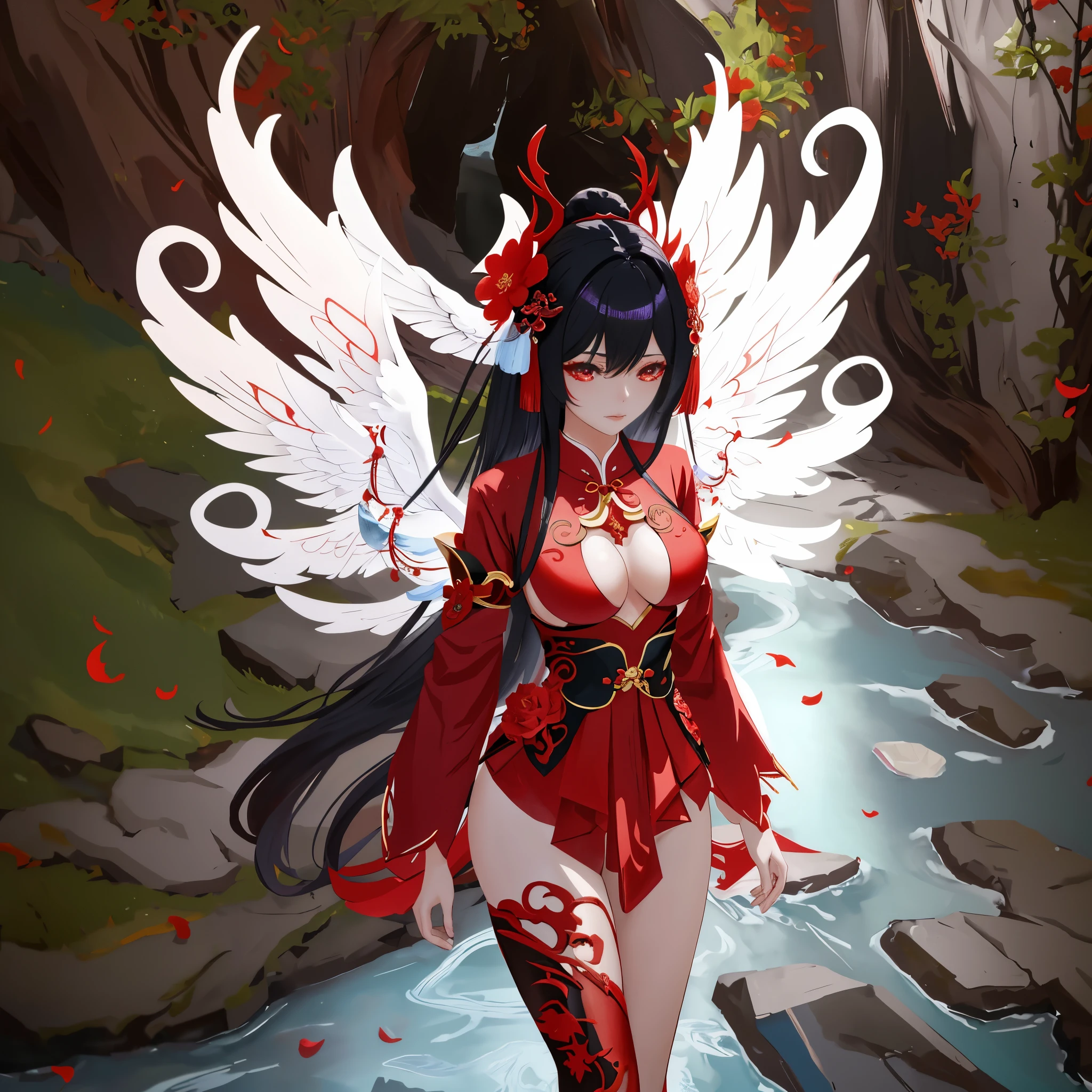 beautiful detailed eyes, masutepiece:1.2, Best Quality, Detailed and beautiful, very precise details, ultra-detailliert, extra detailed body, Realistic, Extremely delicate and beautiful, extremely beautiful detailed anime face and eyes, extra detailed body, Close-up of a woman in a red dress with wings, Onmyoji, aion, Debiwing, infernal nymph!!!, inspired by Pu Hua, full-body xianxia, crimson attire, blade and soul, alluring mesmer woman, Wearing a red magician's robe, epic angel wings, Cotton Cloud Mage Lobe