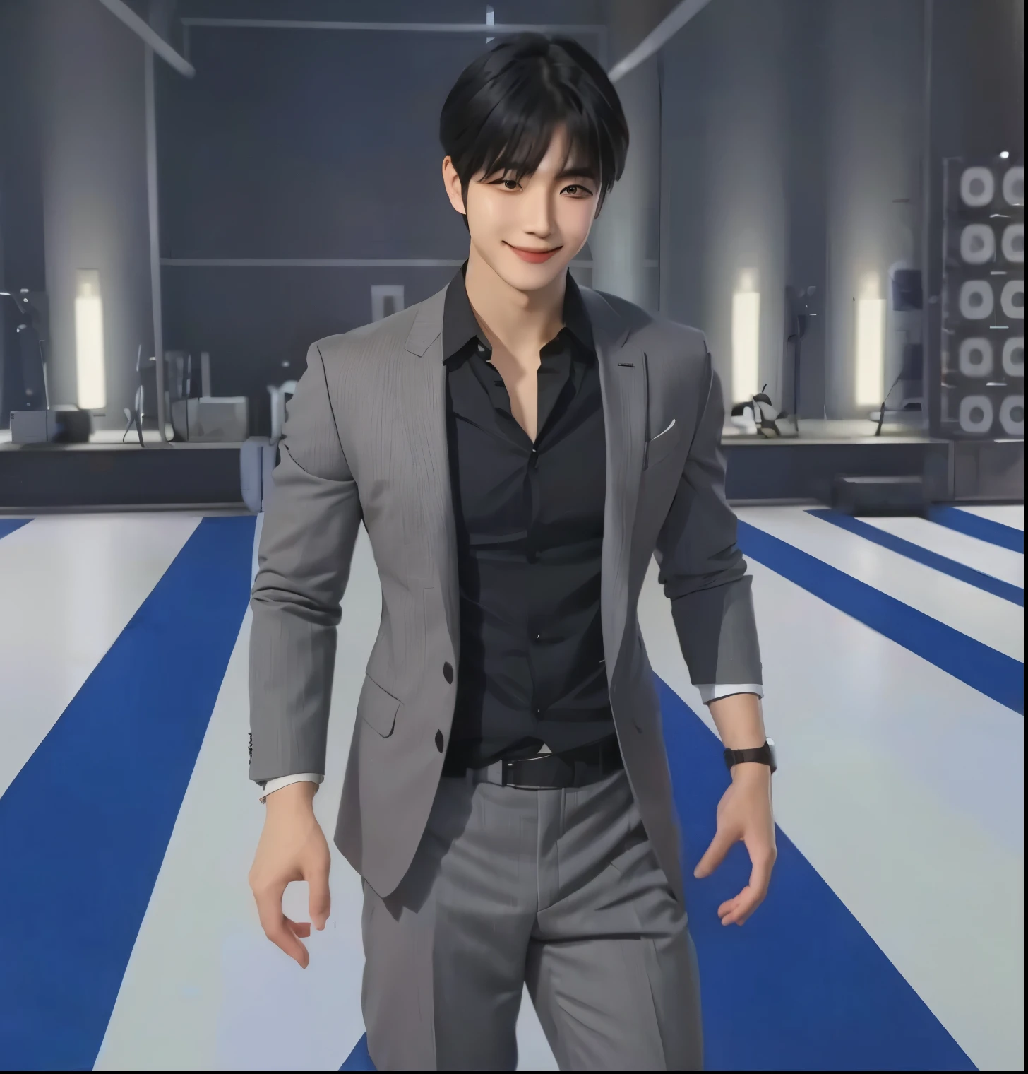 Korea boy in a suit standing in a room, black hair, brown eyes, pointed nose, perfect jaw with smile, realistic ultra details, high quality face