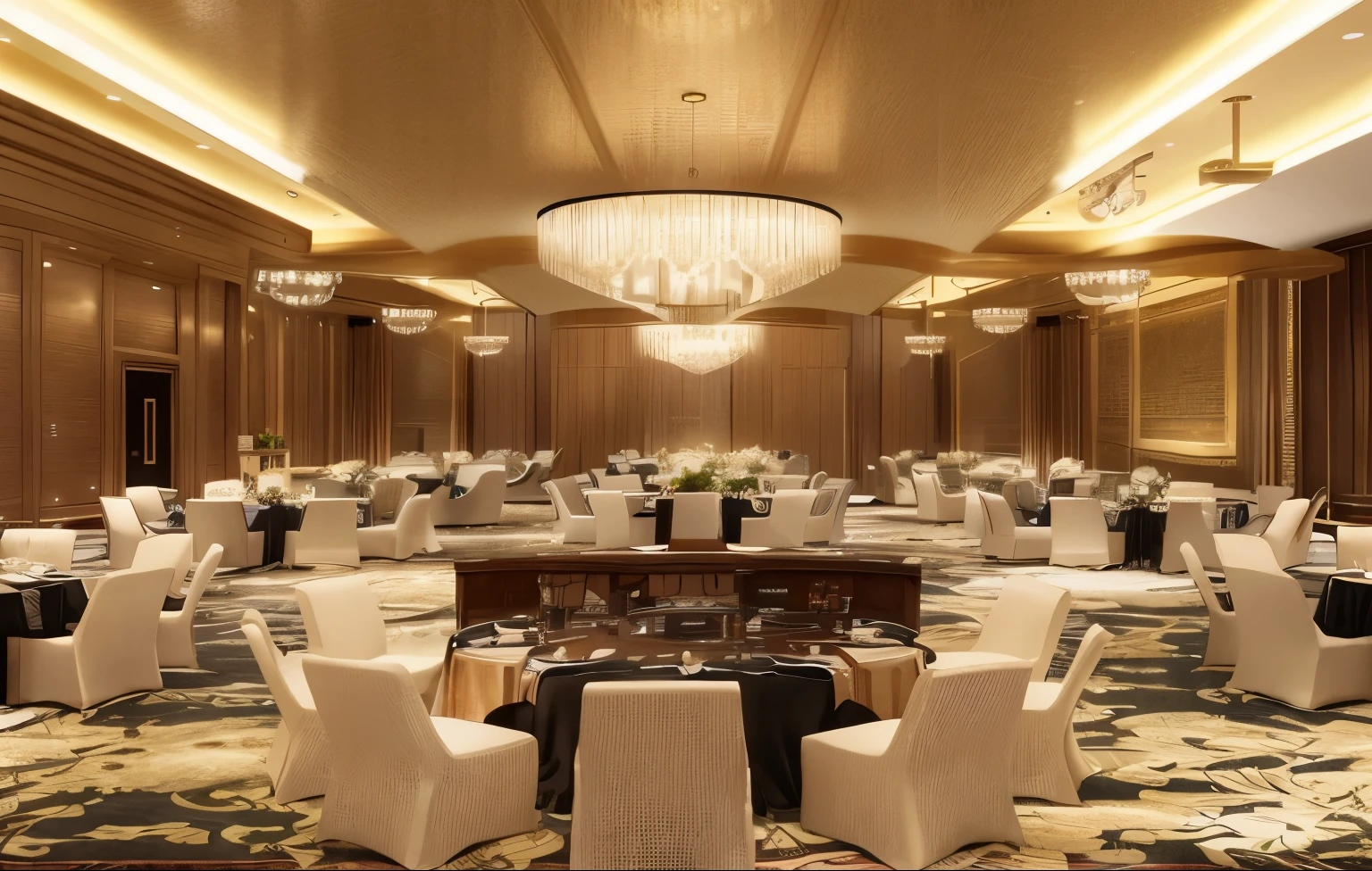 arafed room with large banquet table and chairs and chandelier, ballroom, simple luxurious plaster ceiling, futuristic ballroom. big eyes, charming scenery, luxurious environment, grand hall, majestic masterpiece, wide open room, magnificent design, exquisite rendering, entire room, architectural rendering , look at the details, detailed wide shots, ny, impressive rendering