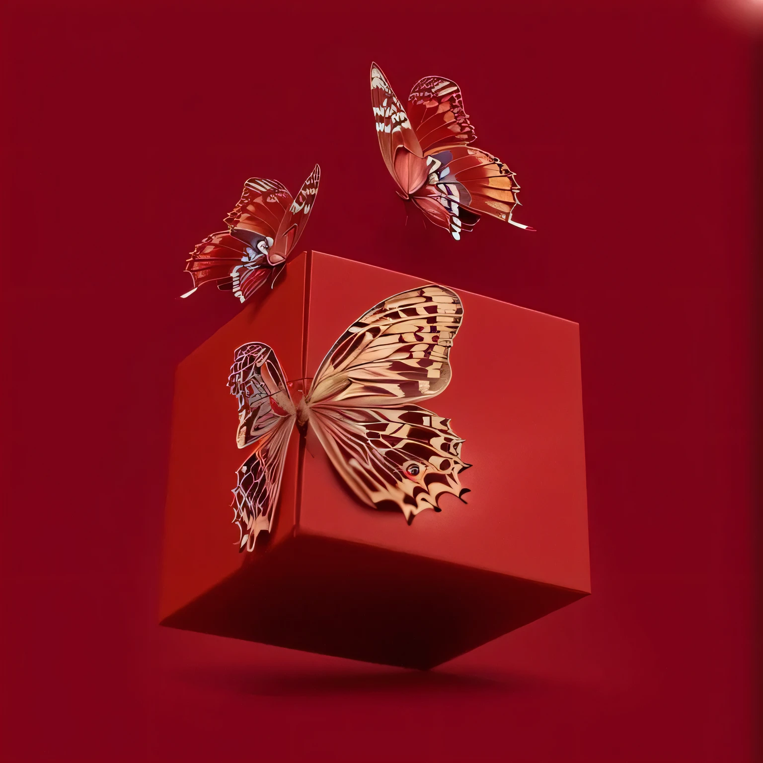 Three metal butterflies fly out of the red box, fundo vermelho上, fundo vermelho, sha xi, red magic, red magic surrounds her, Depicted as a 3D rendering, Rich texture ), 2 0 1 9, 2019, 2018, 2 0 1 8, Wang E, author:Marie Bashkirtsev