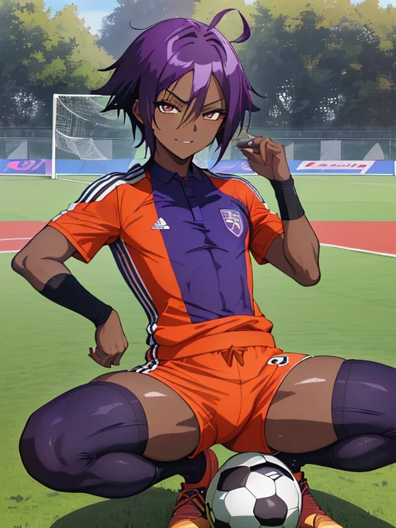 (((Official art,superfine illustration,hight resolution, masutepiece, best qualtiy,Best Quality,)))hightquality, detaileds, (A ),12 years oace striker male idol with a super cute face,A boy as beautiful as Planding, Cool handsome face with smile, soccer spike, Long legs, thighs thighs thighs thighs, Foots, Bulge, (Purple hair、Spiky hairstyle)、Shiny hair, (tight shiny orange soccer uniform suit), (tight and shiny soccer shorts), (Soccer Socks), tussock, Cool pose, (厚いthighs thighs thighs thighs、Seduce your big ass to your crotch)、(((soccer field in the park)))、((cocky、))、Smirk、Spread legs,Ultra-fine painting, (Best Quality, 4K, 8K, hight resolution, masutepiece:1.2),(((Being aware of the sexual gaze of middle-aged gay men)))、Service Shots、(((Dark skin)))、((detailedsな目:1.2))、kawaii eyes、