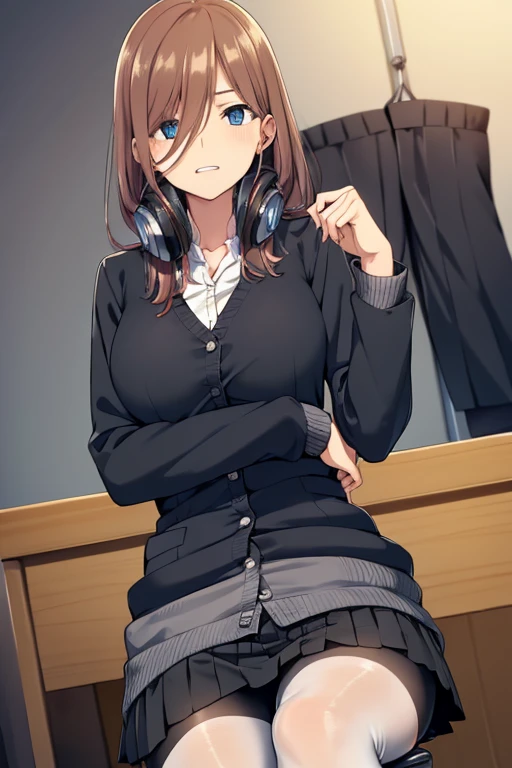 ((full pose:1.4)), solo, 1 girl, miku nakano, miku nakano chicke iii, long hair, bangs, blue eyes, brown hair, hair between eyes, headphones, headphones around neck,
BREAK skirt, shirt, long sleeves, white shirt, pantyhose, pleated skirt, black pantyhose, cardigan, green skirt, blue cardigan, ((crossed legs:1.4)), ((black loafers:1.4))
BREAK indoors, classroom, school,
BREAK looking at viewer, (cowboy shot:1.5),
BREAK (masterpiece:1.2), best quality, high resolution, unity 8k wallpaper, (illustration:0.8), (beautiful detailed eyes:1.6), extremely detailed face, perfect lighting, extremely detailed CG, (perfect hands, perfect anatomy),