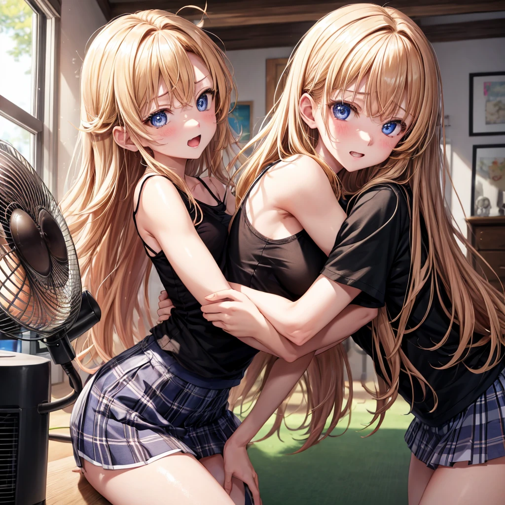 red blonde、blue eyess、one good looking girl、独奏、animesque、Plaid miniskirt、Black T-shirt、camisole、the woods、Sunlight、inside in room、Gah、Frolicking、electric fan、Hugging、ah、being sloppy