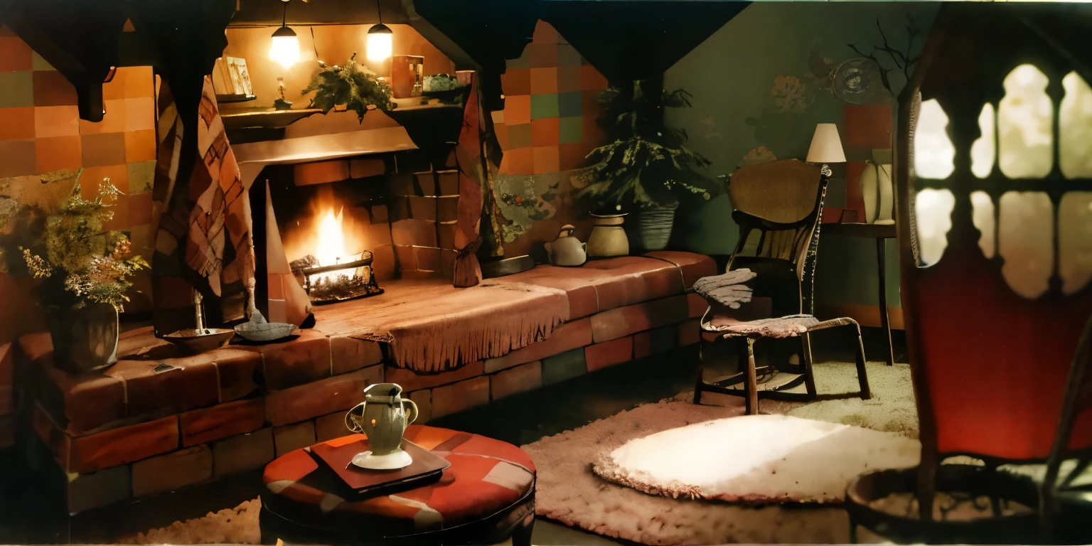 there is a fireplace with stockings hanging on it and a chair, cozy 1 9 5 0's, well - decorated, 1960s color photograph, old color photo, catalog photo, vintage color photo, beautiful image, old color photograph, photographic still, cosy enchanted scene, cozy place, colored photo, cozy wallpaper, cozy environment, detailed color scan, african girl, in bikini, realistic, on carpet