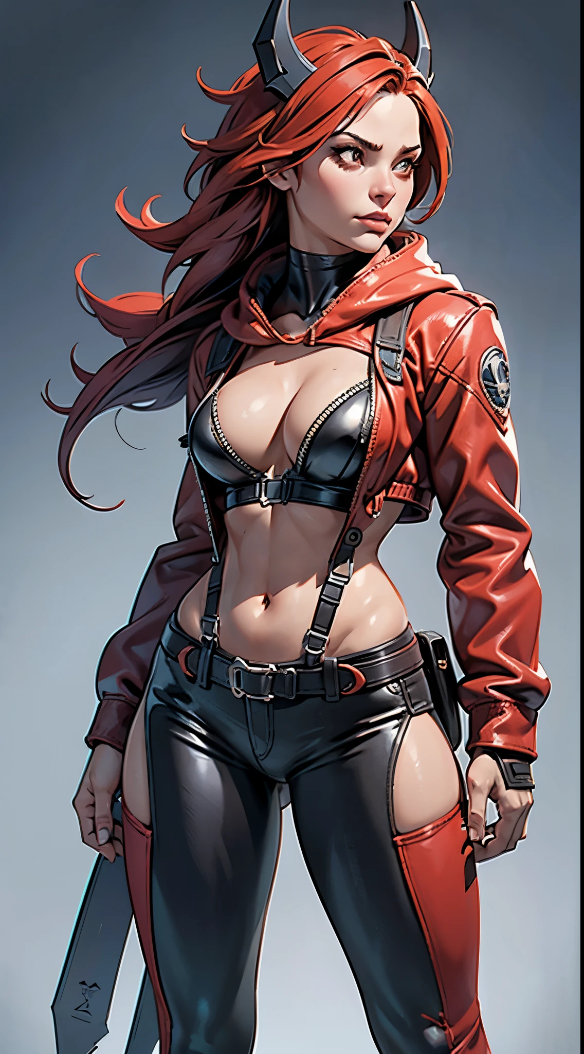 nikkeredhood,horns,cleavage,scarf,navel,midriff,red crop jacket,belt,black pants,thigh strap,fingerless gloves,suspenders,(detailed face),NIKKE game character,full body,sigma female,(best quality,4k,8k,highres,masterpiece:1.2),ultra-detailed,(realistic,photorealistic,photo-realistic:1.37),illustration,vivid colors,portraits,studio lighting,sharp focus,physically-based rendering,horrif,red color palette,dramatic lighting.