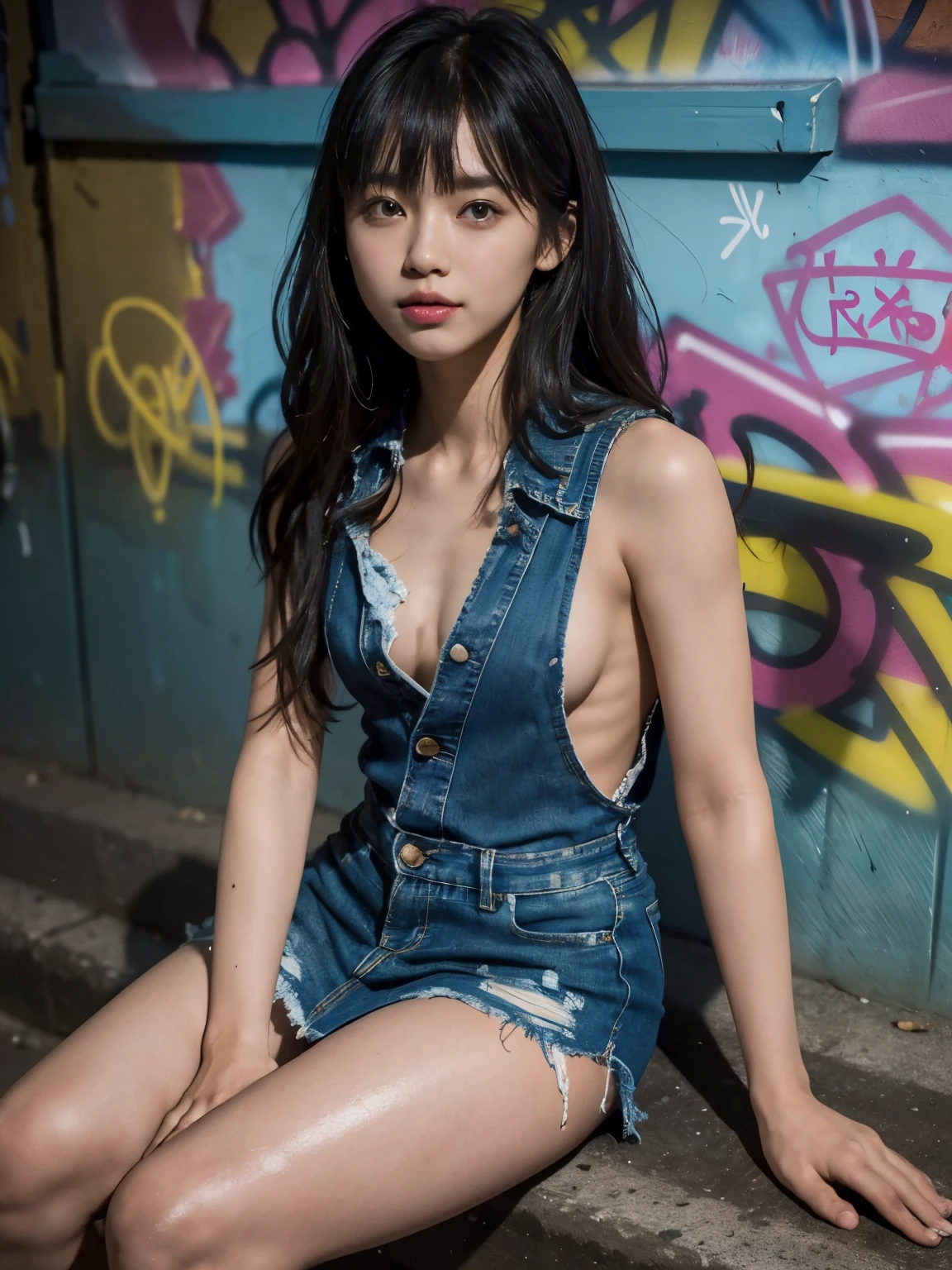 raw photo, 8k, (top-quality), Realistic, (real picture, Intricate details), (natural skin texture, detailed skin, hyper realism, sharpness), (Japanese female college student sitting on the stairs in a dirty back alley at night, graffitied wall:1.3, armpit exposed), ((wearing Denim micro Dress over naked, Distressed denim, Front Button dress, sleeveless)), (((Small chest:1.1))), Fair skin, ((shiny long hair, separate bangs)), (seductive face, Parted lips), thigh, graffiti:1.5, trash can, night time, spot lighting:1.3, Full body shot