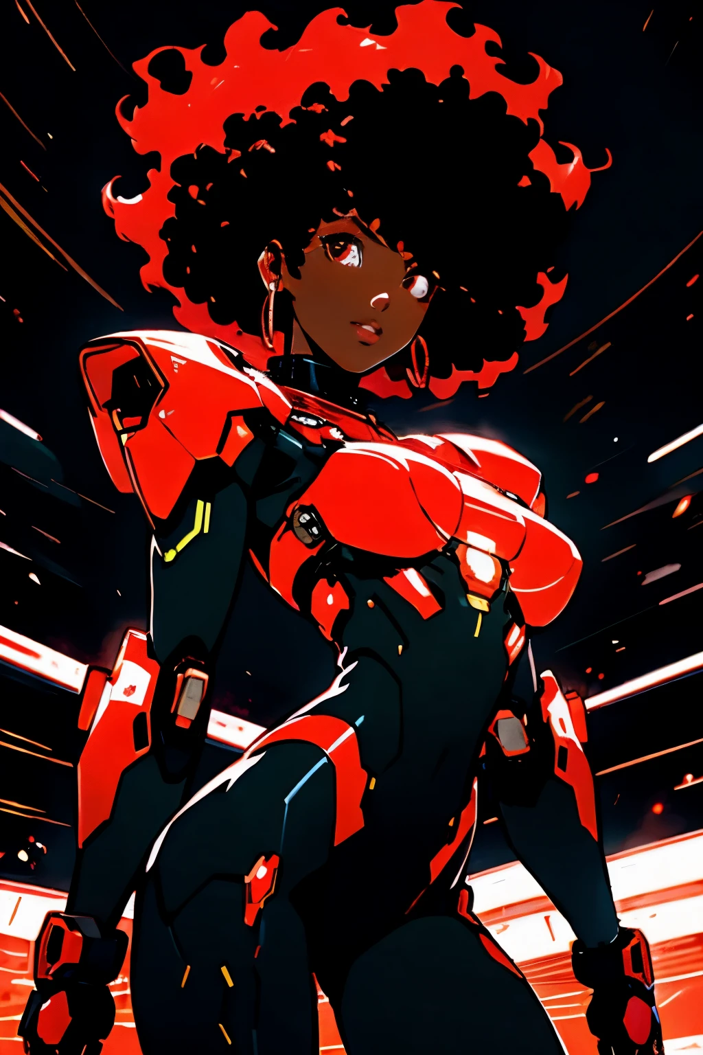 create 4 manga comics with different parts of an anxious female character with afro hair, wearing red suits with pieces of cybernetic armor. Black female character is piloting a robot for life in green hologram, sentado dinamicamente em frente dela, fazendo de tudo, to destroy floating buildings. Hello Behind Her based on the 2D anime style Circle of Fire - The black character Black woman Black woman First person view on the moon night