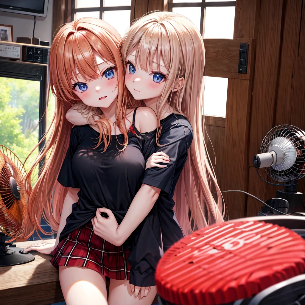 red blonde、blue eyess、one good looking girl、独奏、animesque、Plaid miniskirt、Black T-shirt、camisole、the woods、Sunlight、inside in room、Gah、Frolicking、electric fan、Hugging