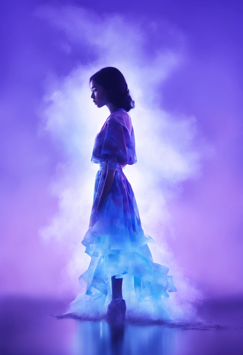 niji style, (looking at viewer:1.4), black eyes, black hair, (full body:1.2), 
Double Exposure Style, Volumetric Lighting, leaning forward,light depth, dramatic atmospheric lighting, Volumetric Lighting, double image ghost effect, image combination, double exposure style
(realistic, photorealistic),
(blue and purple:1.2)gradient, vivid color
siweishendu, silhouette, 1girl, dusk, nature, cloudy sky,siweishendu
A dress made up of colorful water, with water dotted around the girl's side. The water around the girl in ribbons,