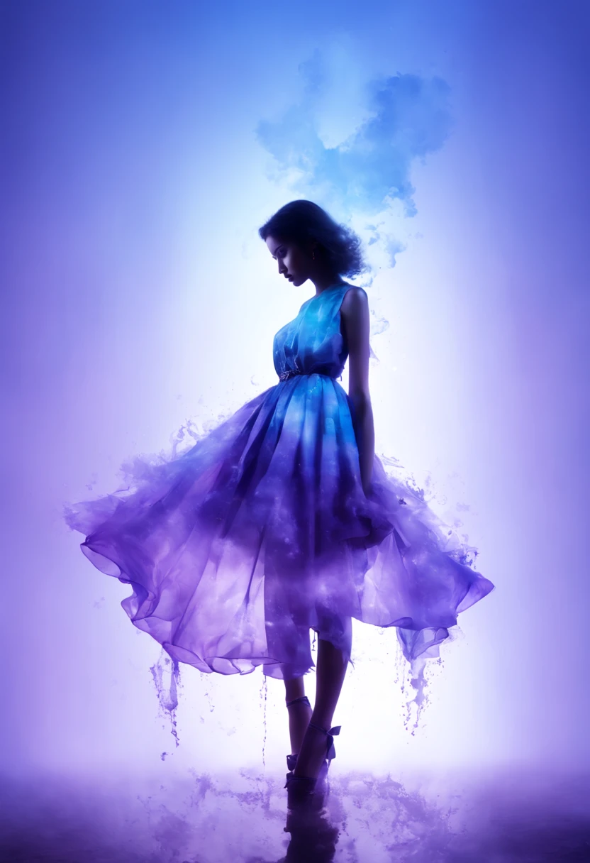 niji style, (looking at viewer:1.4), black eyes, black hair, (full body:1.2), 
Double Exposure Style, Volumetric Lighting, leaning forward,light depth, dramatic atmospheric lighting, Volumetric Lighting, double image ghost effect, image combination, double exposure style
(realistic, photorealistic),
(blue and purple:1.2)gradient, vivid color
siweishendu, silhouette, 1girl, dusk, nature, cloudy sky,siweishendu
A dress made up of colorful water, with water dotted around the girl's side. The water around the girl in ribbons,