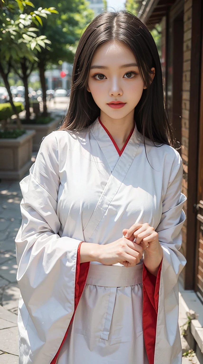 Smiling face，Gorgeous Hanfu，（（best qualtiy，8k，tmasterpiece：1.3））），Clear focus：1.2，（layer cut，The large：1.2），Beautiful Women in Perfect Figure：1.4，，Highly Detailed Face and Skin Textur，Detailed eyes，二重まぶた，long whitr hair