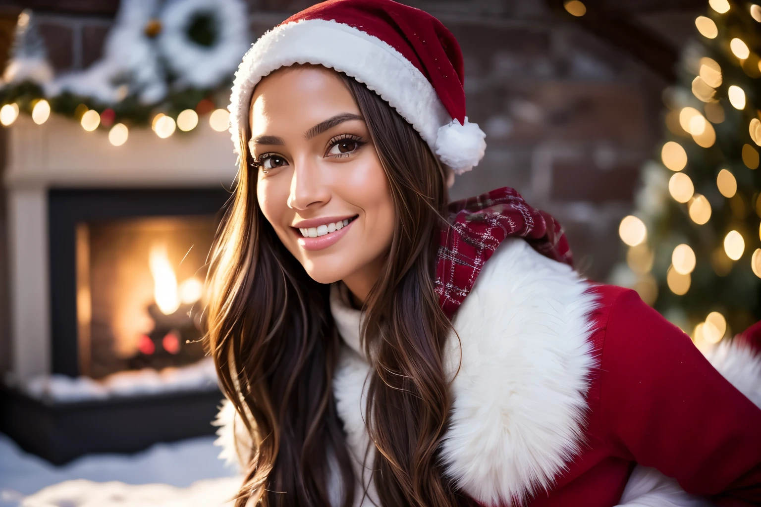 A female model with long, slightly wavy dark brown hair, a square-shaped face, and a pronounced jawline, retrato Jennifer Lopez, ((en NSFW)), (best quality,4k,8k,highres,masterpiece:1.2),ultra-detailed,(realistic,photorealistic,photo-realistic:1.37),sexy,beautiful detailed eyes,beautiful detailed lips,extremely detailed eyes and face,longeyelashes,portraits,illustrations,present,Christmas tree,sparkling lights,cosy red hat and gloves,warm winter coat,winter wonderland,wonderment,happiness,presents,excitement,joyful expressions,magical atmosphere,mistletoe,decorations,fluffy snow,rooftop,starry sky,peppermint candy canes,magical reindeer,enchanted forest,frosty breath,glowing fireplace,wrapping paper,ornaments,Christmas stockings,snow-covered ground,sleigh,shimmering snowflakes,delightful surprises,glittering ornaments,cheerful laughter,anticipation,happy reunions,cozy socks,cocoa,gingerbread cookies,snowball fights,icicles