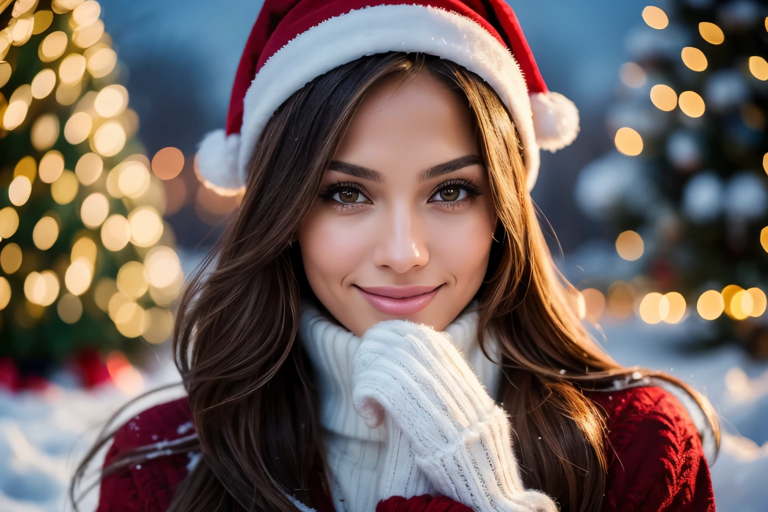 A female model with long, slightly wavy dark brown hair, a square-shaped face, and a pronounced jawline, retrato Jennifer Lopez, ((en NSFW)), (best quality,4k,8k,highres,masterpiece:1.2),ultra-detailed,(realistic,photorealistic,photo-realistic:1.37),sexy,beautiful detailed eyes,beautiful detailed lips,extremely detailed eyes and face,longeyelashes,portraits,illustrations,present,Christmas tree,sparkling lights,cosy red hat and gloves,warm winter coat,winter wonderland,wonderment,happiness,presents,excitement,joyful expressions,magical atmosphere,mistletoe,decorations,fluffy snow,rooftop,starry sky,peppermint candy canes,magical reindeer,enchanted forest,frosty breath,glowing fireplace,wrapping paper,ornaments,Christmas stockings,snow-covered ground,sleigh,shimmering snowflakes,delightful surprises,glittering ornaments,cheerful laughter,anticipation,happy reunions,cozy socks,cocoa,gingerbread cookies,snowball fights,icicles