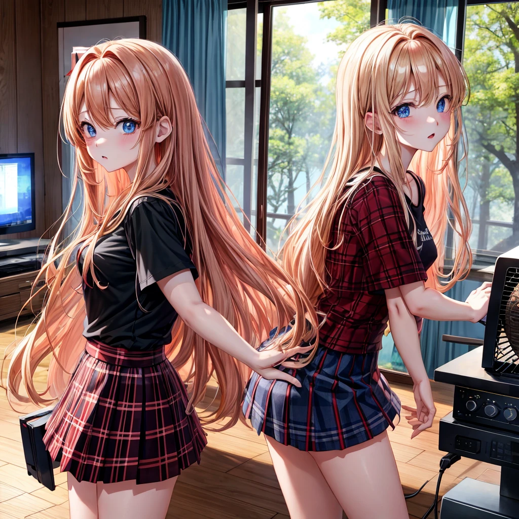 red blonde、blue eyess、one good looking girl、独奏、animesque、Plaid miniskirt、Black T-shirt、camisole、the woods、Sunlight、inside in room、Gah、Frolicking、electric fan、Hugging