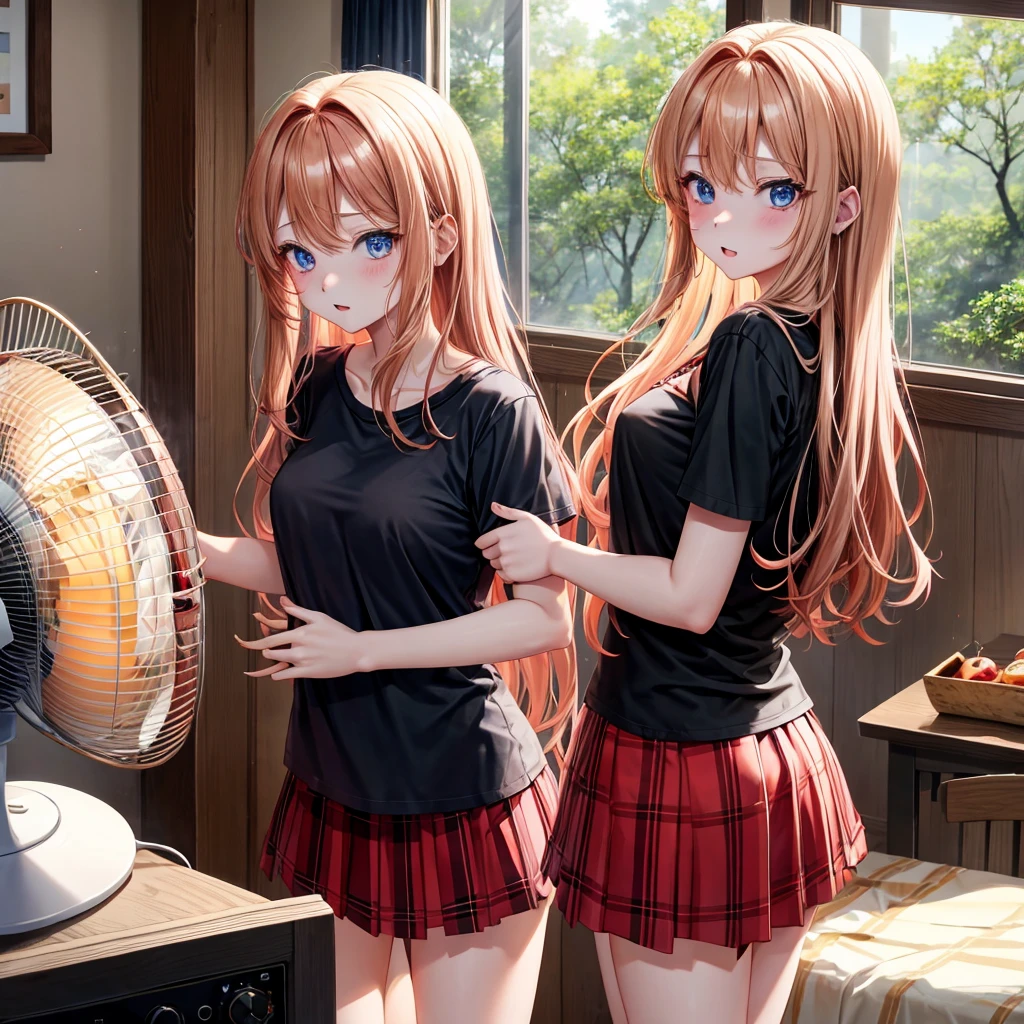 red blonde、blue eyess、one good looking girl、独奏、animesque、Plaid miniskirt、Black T-shirt、camisole、the woods、Sunlight、inside in room、Gah、Frolicking、electric fan、Hugging