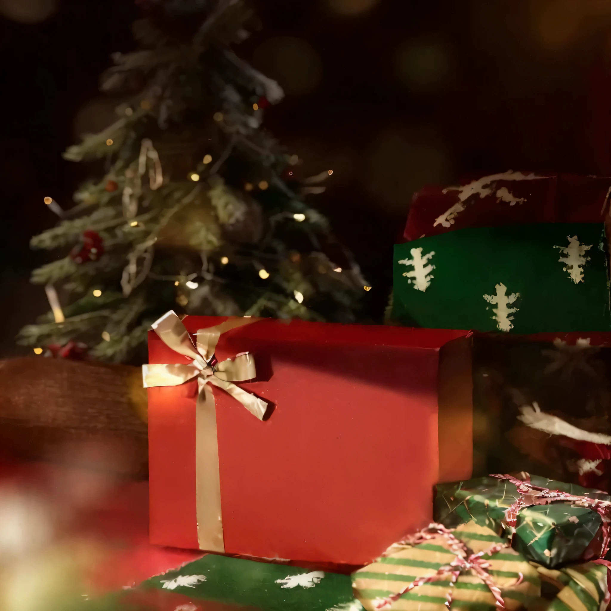 there are many gifts wrapped in red and green and a christmas tree, gifts, pinecone, 圣诞gifts , Surreal, vacation, incredible reality, Surreal, Christmas Eve, Very realistic, The beautiful!, ,
