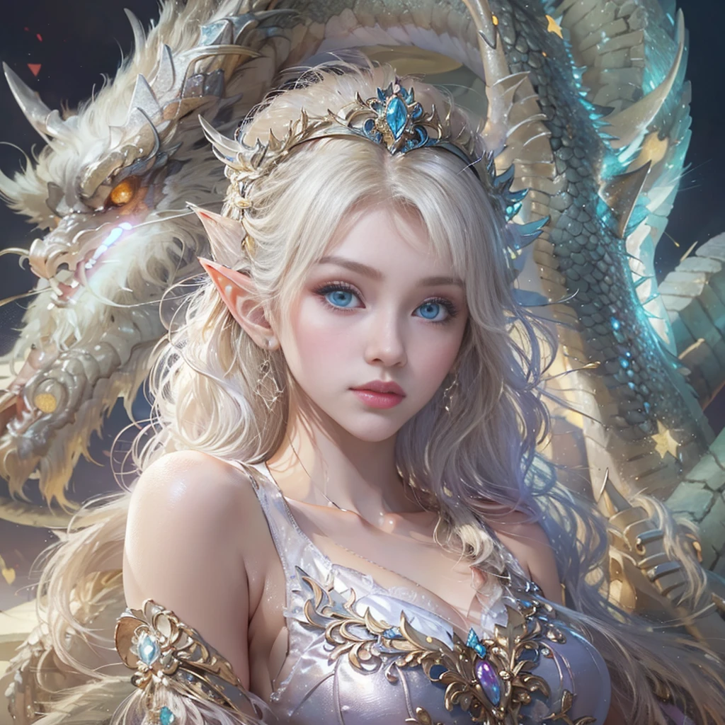 dragon_real, (чрезвычайно детализированные обои CG unity 8k, tmasterpiece, beste-Qualit, Ultra-detailed, beautiful detail eyes: 1.2), better lighting (better shadow, extremely delicate and beautiful, flowering), ((Beautiful girl with long white hair and blue eyes smiling)), was surrounded by dragons, (1 girl: 1.4), white see-through dress, a gold & Jewelry (The color of the dragon: 1.4), by Greg Rutkowsky