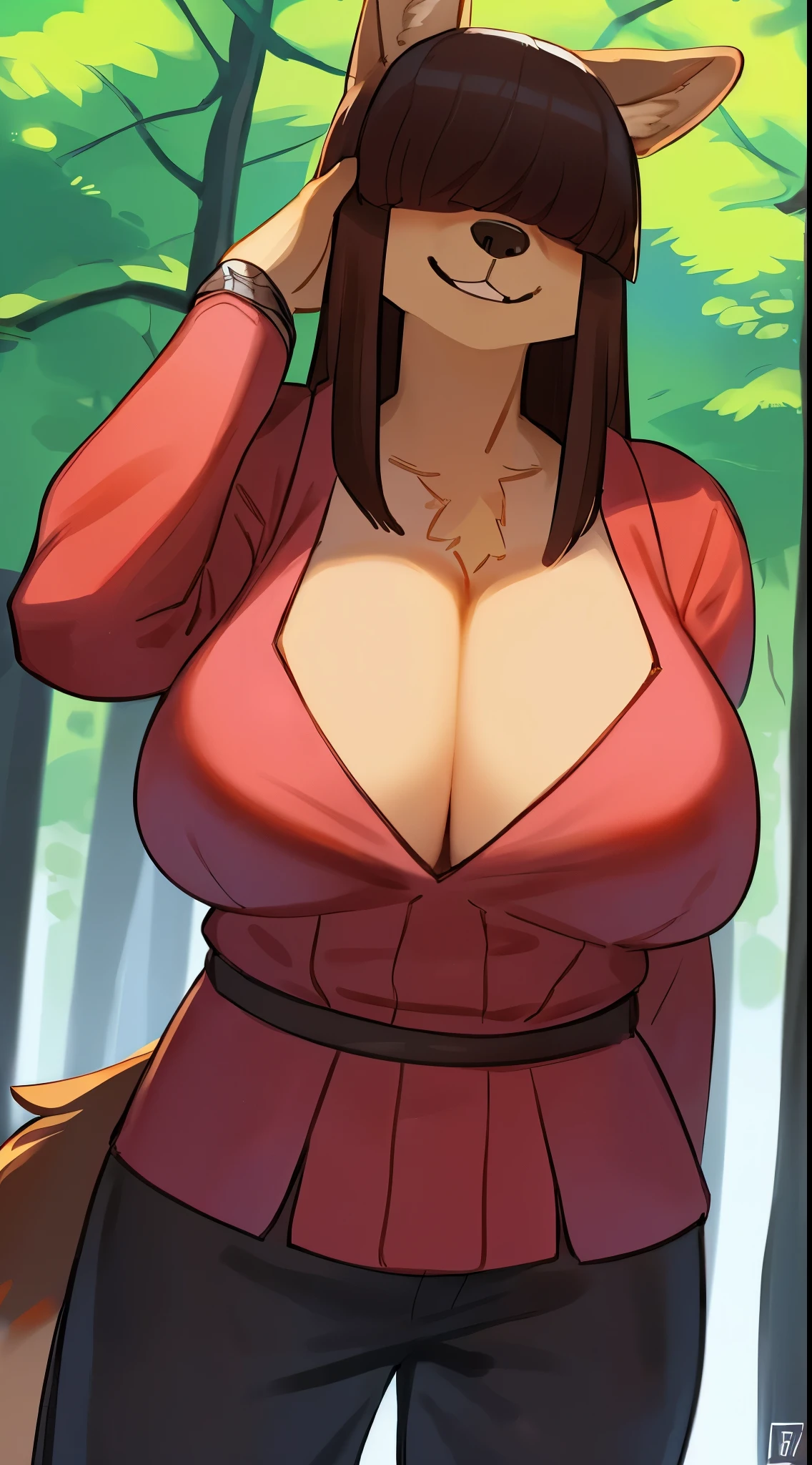 By bebebebebe, by lostgoose, by goonie-san, female, ((canine, snout, hair covering eyes, straight hair, medium hair, flat hair, ears, thin snout)), brown fur, big poofy tail, raised tail, dark maroon hair, (muscular, big breasts), solo, smiling, happy, standing, (cleavage, steel armor, fantasy armor), pink cloak, forest, pants