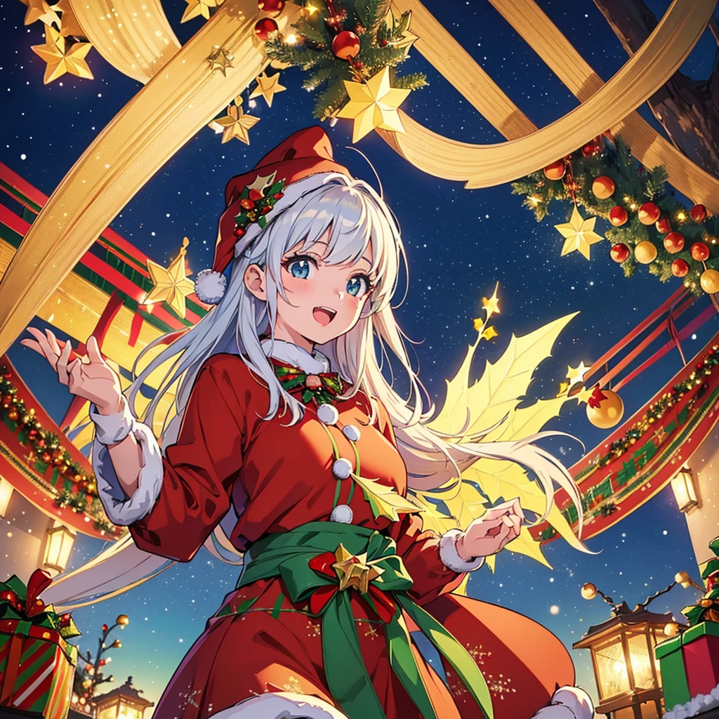 masterpiece, high quality, 8K, high resolution, ultra-detailed, anime illustration, Christmas illumination, large tree, beautiful lights, gazing girl, low angle perspective, festive town, holiday atmosphere, twinkling lights, joyful expression, winter season, enchanted mood, vibrant colors, night sky, (festive:1.5), (enchanted:1.4), (twinkling:1.3), (joyful:1.2)
