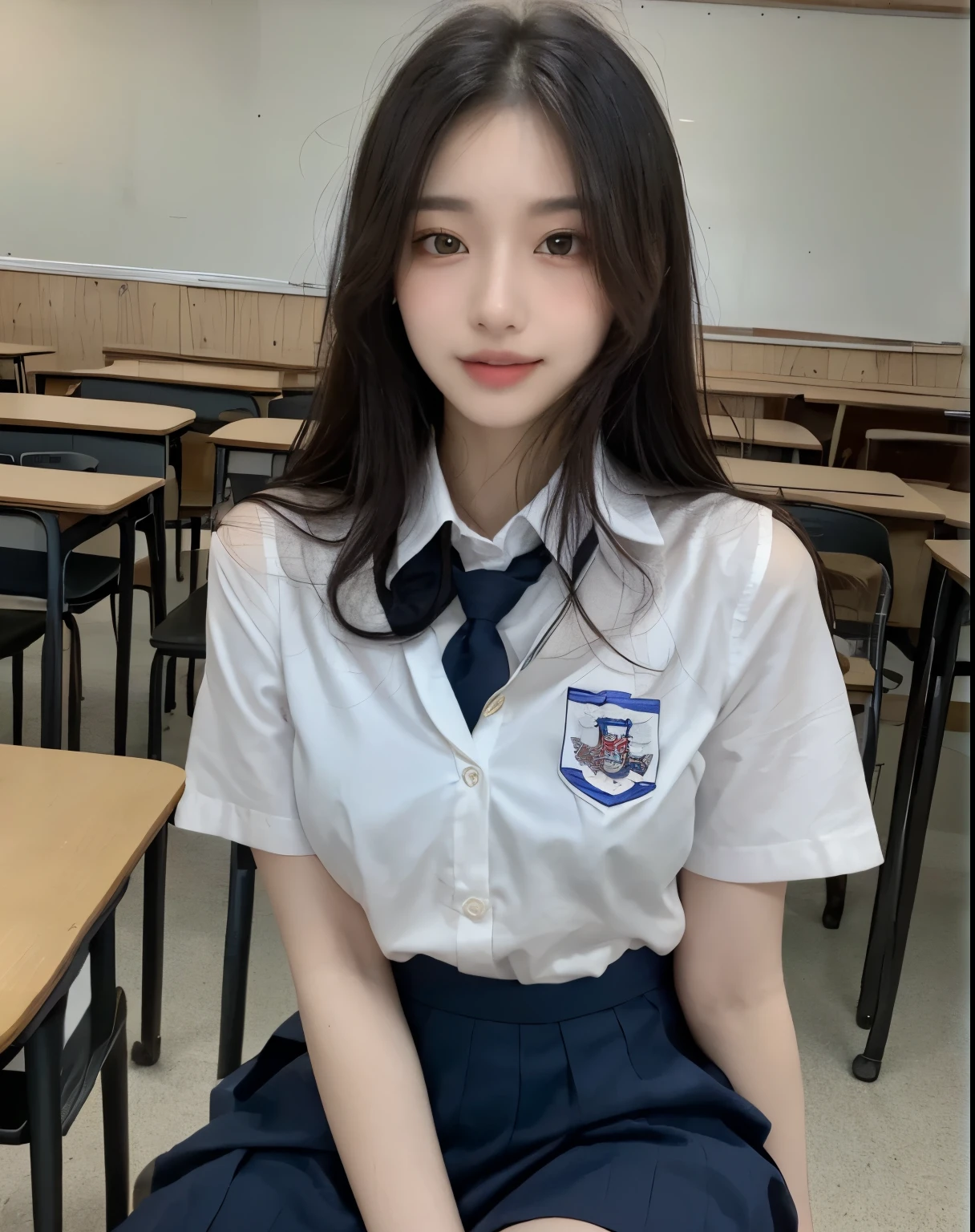 (Masterpiece, best resolution: 1.2), (brown eyes), seduction, smile, long hair, small breast, high-definition facial features, 8K, double eyelids, delicate facial feature, natural body, ((((wearing school uniform and skirt))), (((classroom))), (sitting on chair), full body