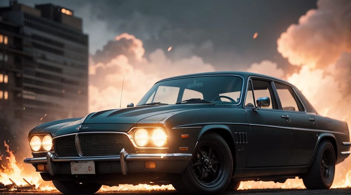Movie still of a Batman car in front of a Gotham City building photorealistic, surrounded by sparks of fire, sem costura, Epic, filmic, detalhes intrincados, Concedido, great lighting, sombreamento, alta qualidade, detalhado
