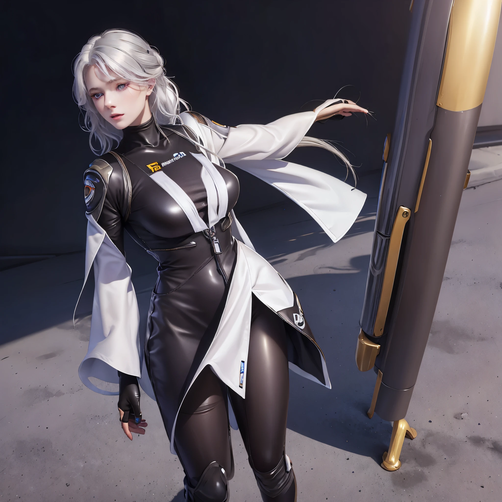 woman with ,Golden-white hair,eBlue eyes,,,black space suit