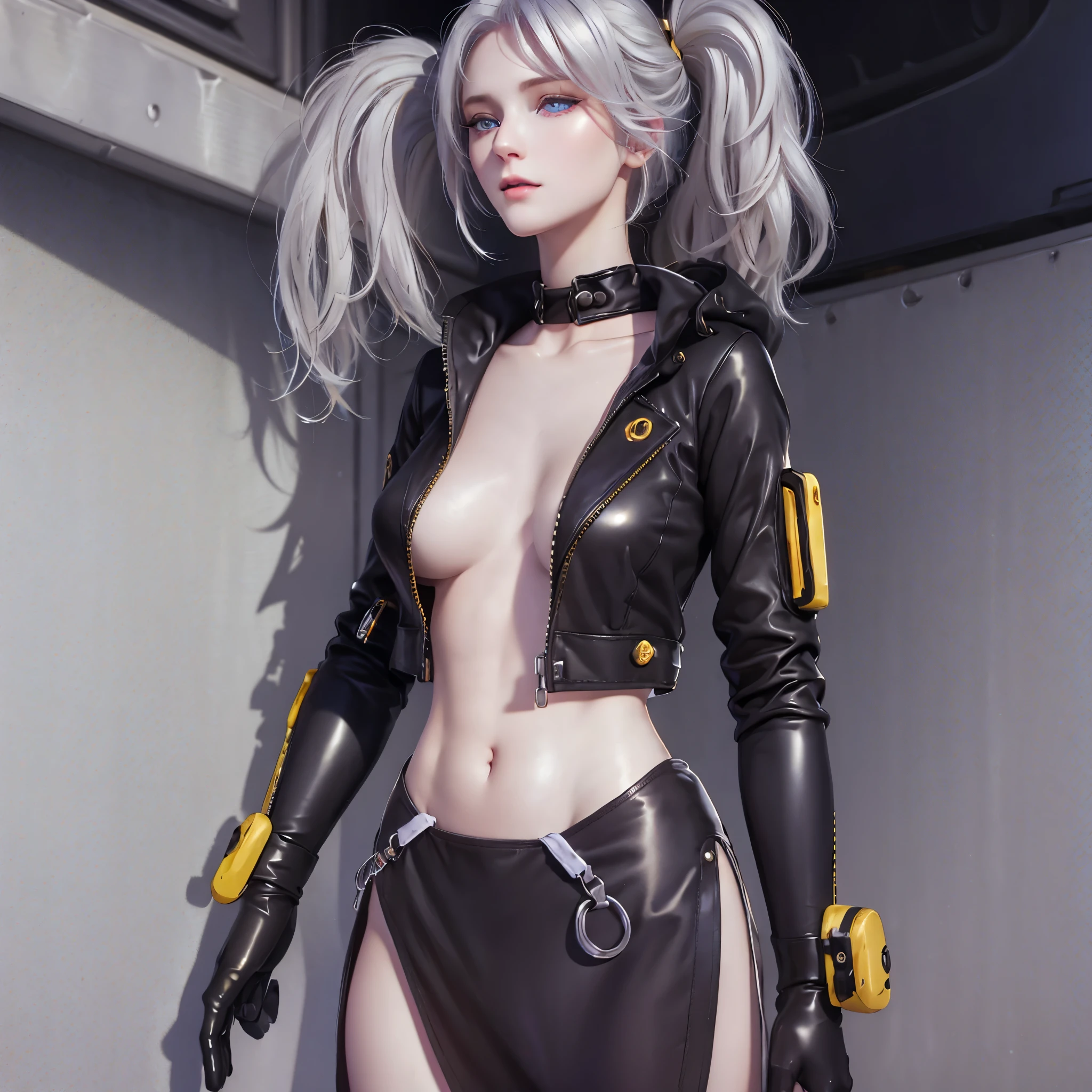 woman with ,Golden-white hair,eBlue eyes,,,black space suit