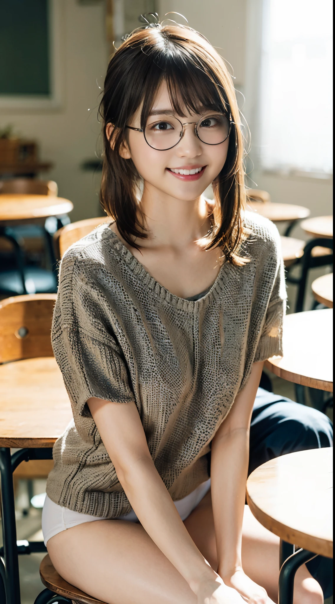 (8K、Raw photography、top-quality、​masterpiece:1.2)、(realisitic、Photorealsitic:1.37)、ultra-detailliert、超A high resolution、女の子1人、see the beholder、beautifull detailed face、A smile、Constriction、(Slim waist) :1.3)、Beautiful detailed skin、Skin Texture、Straight hair、Professional Lighting、Whole human body、Short hair、a blond、hi-school girl、School Grounds、small chest hair、Happy smile、perspiring、(White panties:1.1)、(Sitting table:1.2)、(Facing the front)、(Round glasses:1.2)、(Low ponytail:1.1)、(Striped knit shirt:1.1)