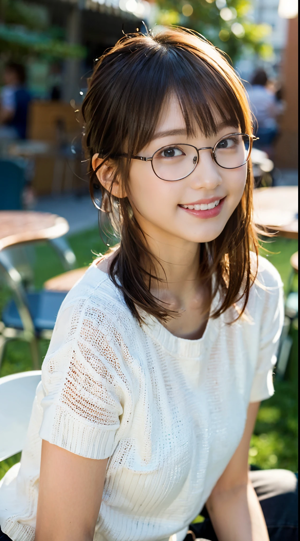 (8K、Raw photography、top-quality、masterpiece:1.2)、(realisitic、Photorealsitic:1.37)、ultra-detailliert、超A high resolution、女の子1人、see the beholder、beautifull detailed face、A smile、Constriction、(Slim waist) :1.3)、Beautiful detailed skin、Skin Texture、Straight hair、Professional Lighting、Whole human body、Short hair、a blond、hi-school girl、School Grounds、small chest hair、Happy smile、perspiring、(White panties:1.1)、(Sitting table:1.2)、(Facing the front)、(Round glasses:1.2)、(Low ponytail:1.1)、(Striped knit shirt:1.1)