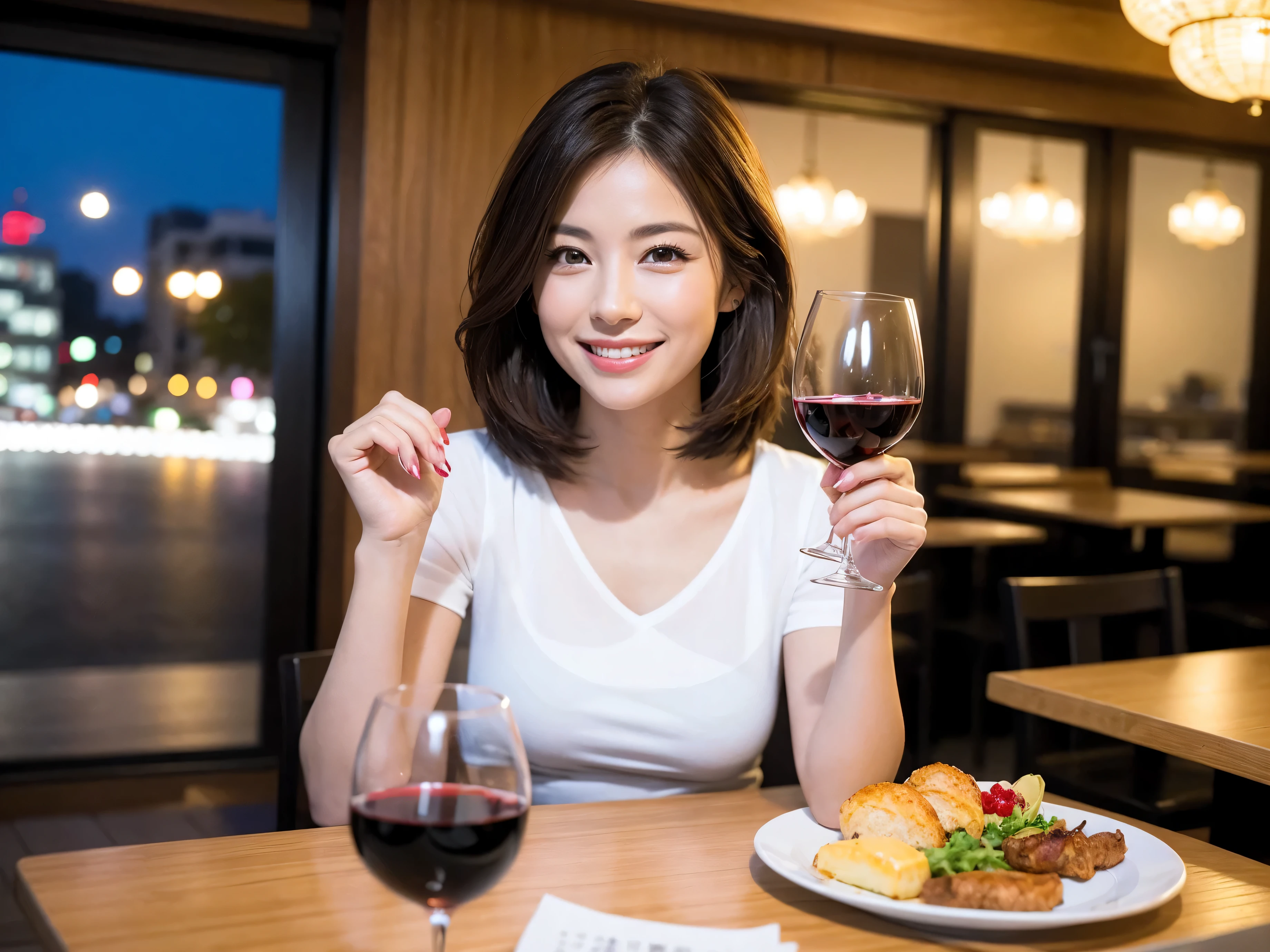 (64k uhd, nffsw, of the highest quality, masutepiece: 1.2), (Realistic, Photorealistic: 1.37), 1 pretty woman, (Slim Face), (slimボティ), (Brown hair), (short-cut), cheeks blush a little, (41 years old), 38 years, Solo, A beautiful night view spreads outside the window, restaurant, wine glassesに座って, At night, In a prominent place (from waist up) NovaFrogStyle, actress, Model, waist-up, white wine, slim, wine glasses, Super clean night view, 真ん中に置かれたwine glasses, Happy smile, (Smile: 1.15), Beautiful fine eyes, Upper body, Bust Japan Up, Night, Short, Short, actress, Model, waist-up, white wine, slim, wine glasses, Super clean night view, 真ん中に置かれたwine glasses, Happy smile,