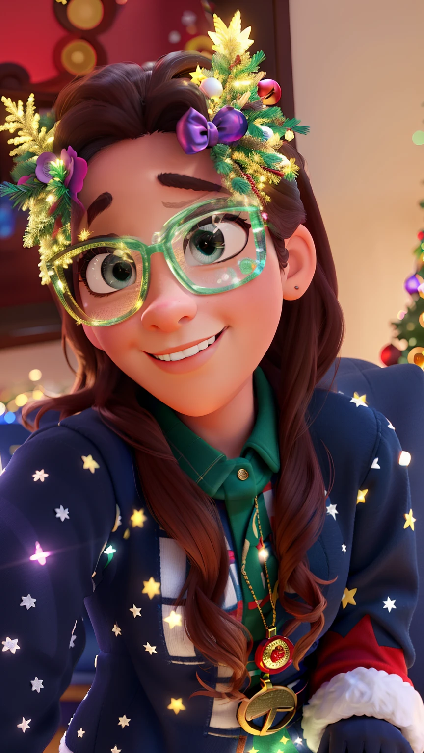 Imagen estilo Disney Pixar alta calidad, a woman taking a selfie in front of a Christmas tree, la noche, With a tree in the background and flashing lights., Temporada de vacaciones